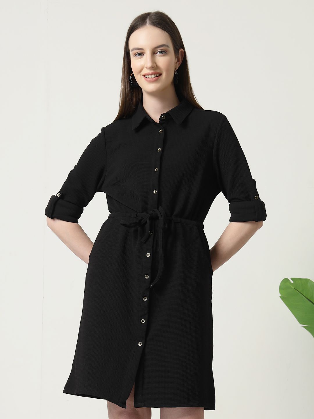 

Style Quotient Women Tied Up Roll Up Sleeves Shirt Dress, Black