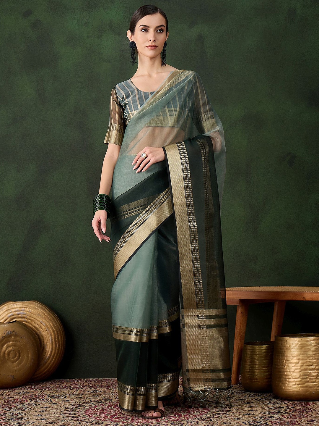 

MANVAA Woven Design Zari Organza Saree, Green