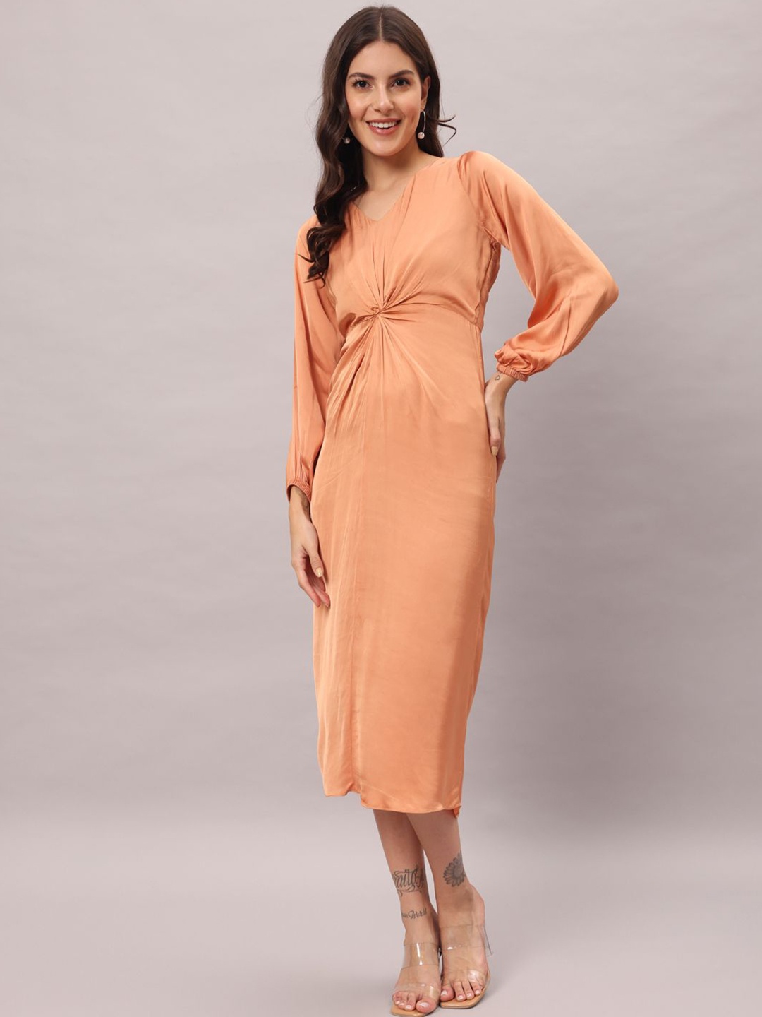 

BRIJAL LAD Solid Puff Sleeve Satin Sheath V-Neck Midi Dress, Orange