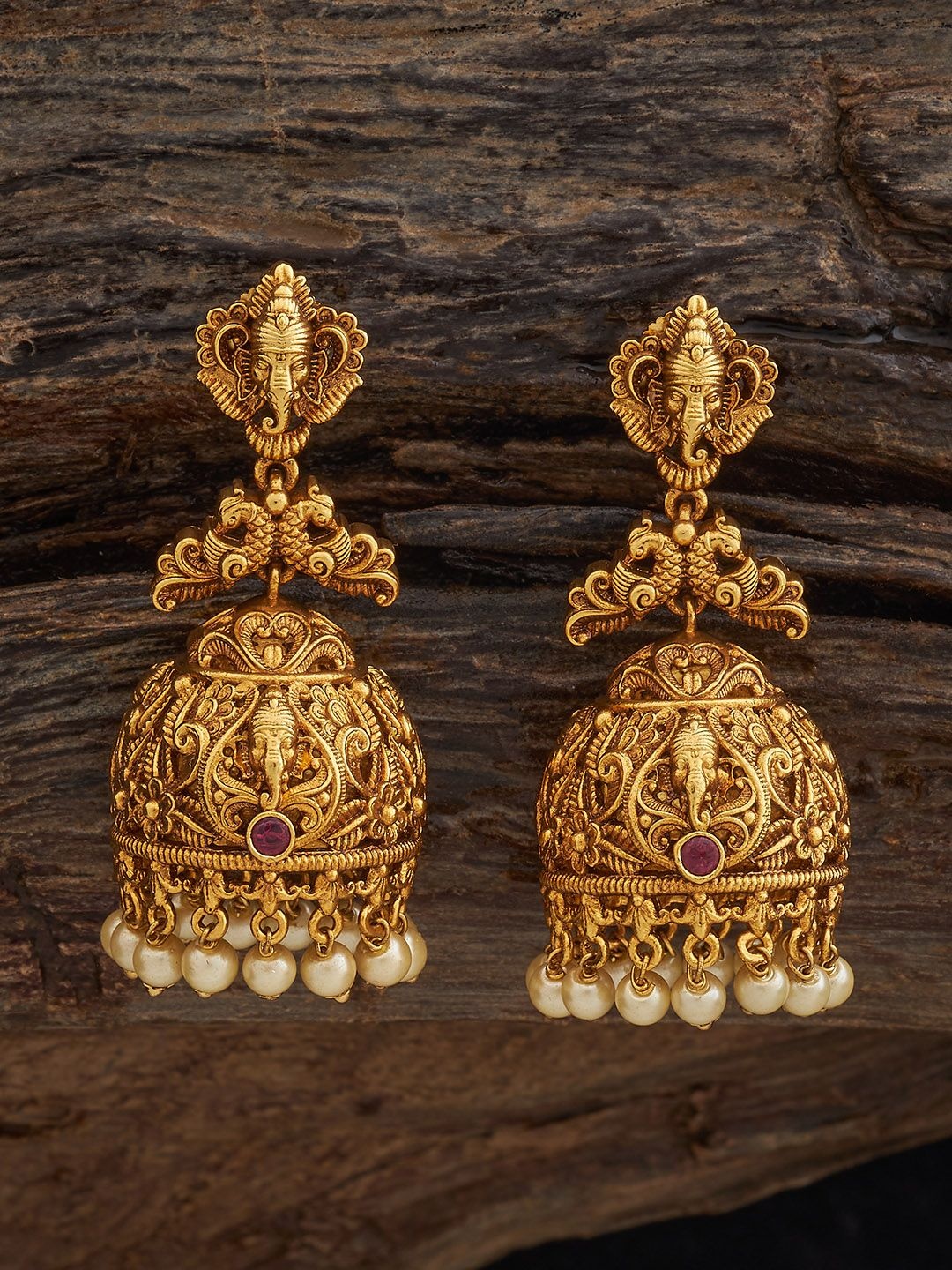 

Kushal's Fashion Jewellery Gold-Plated Ruby Studded Dome Shaped Jhumkas Earrings