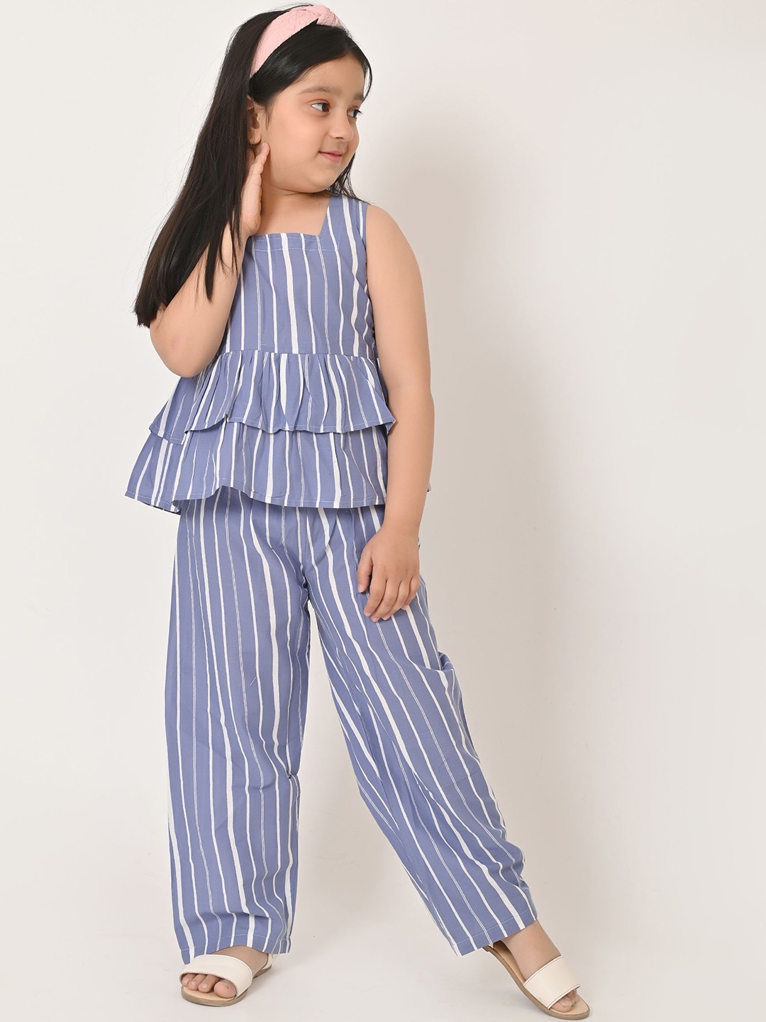 

Megha Overseas Girls Striped Pure Cotton Top With Trousers, Blue