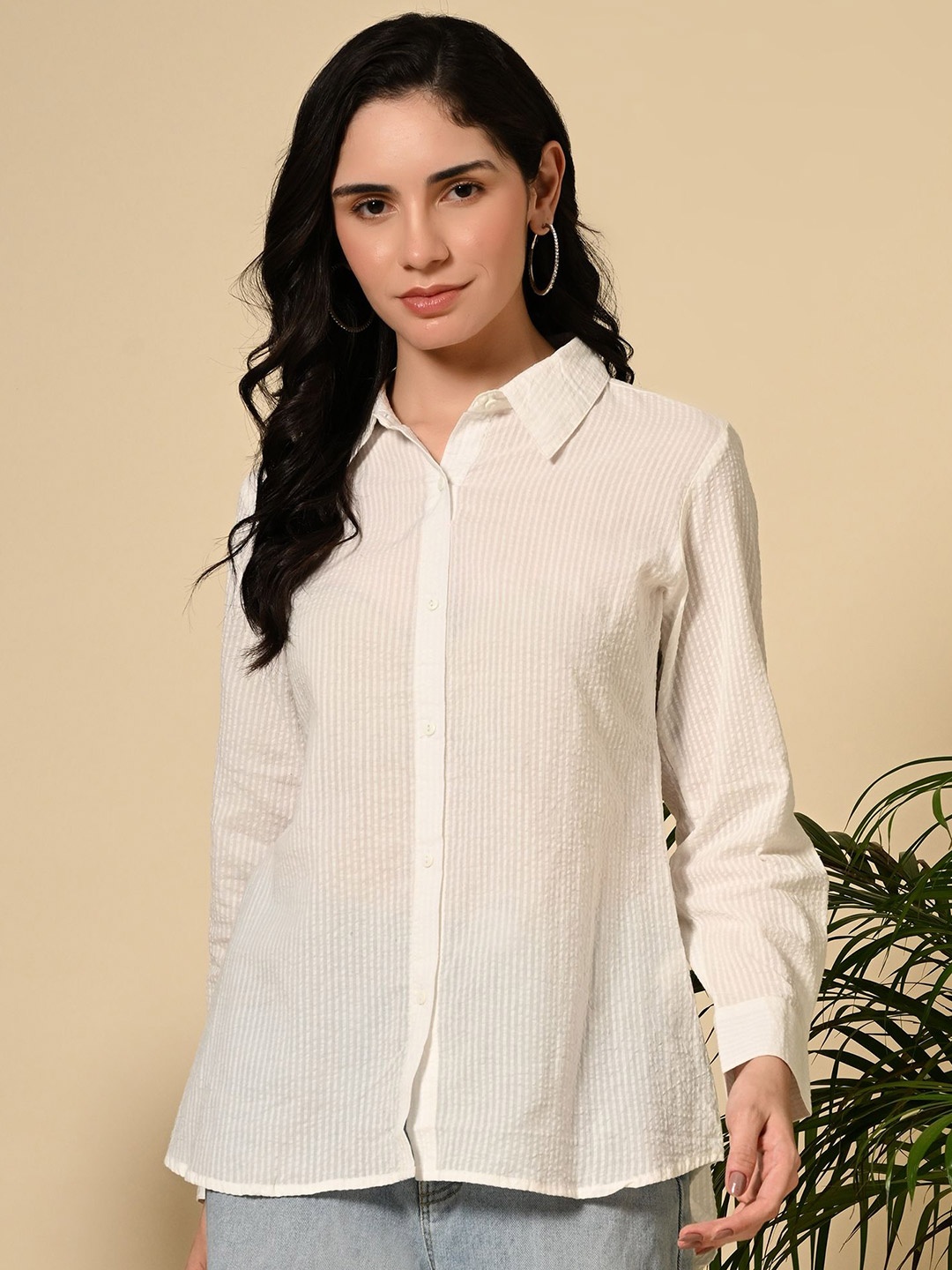 

Netreyam Women Smart Fit Spread Collar Vertical Striped Cotton Casual Shirt, White