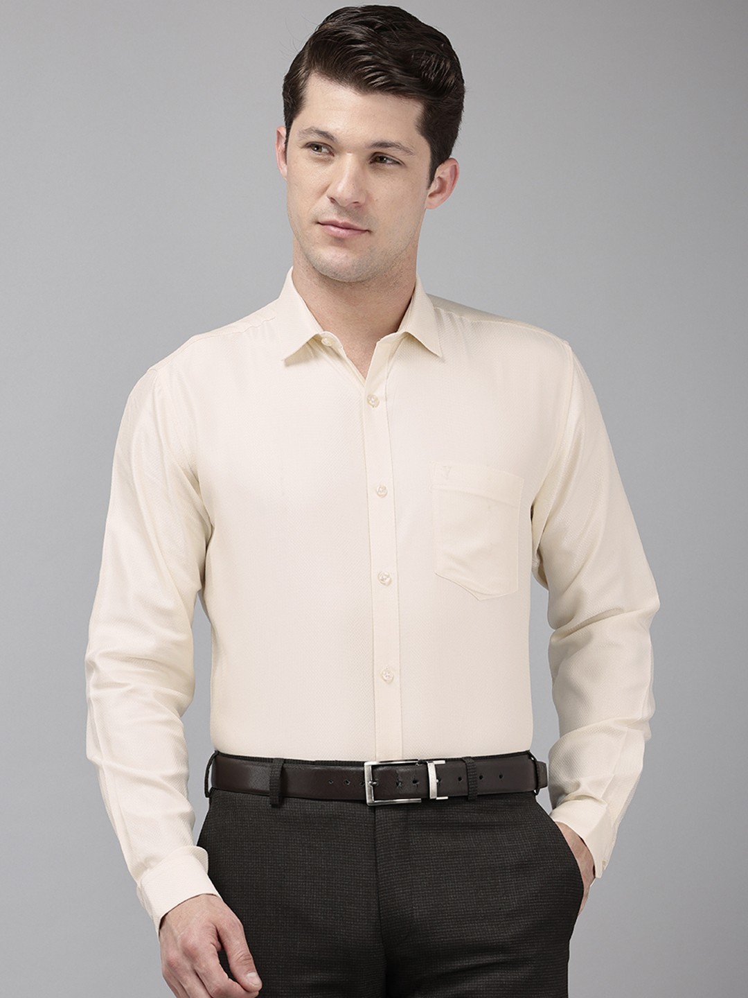 

V Dot Self Design Textured Slim Fit Opaque Formal Shirt, Cream
