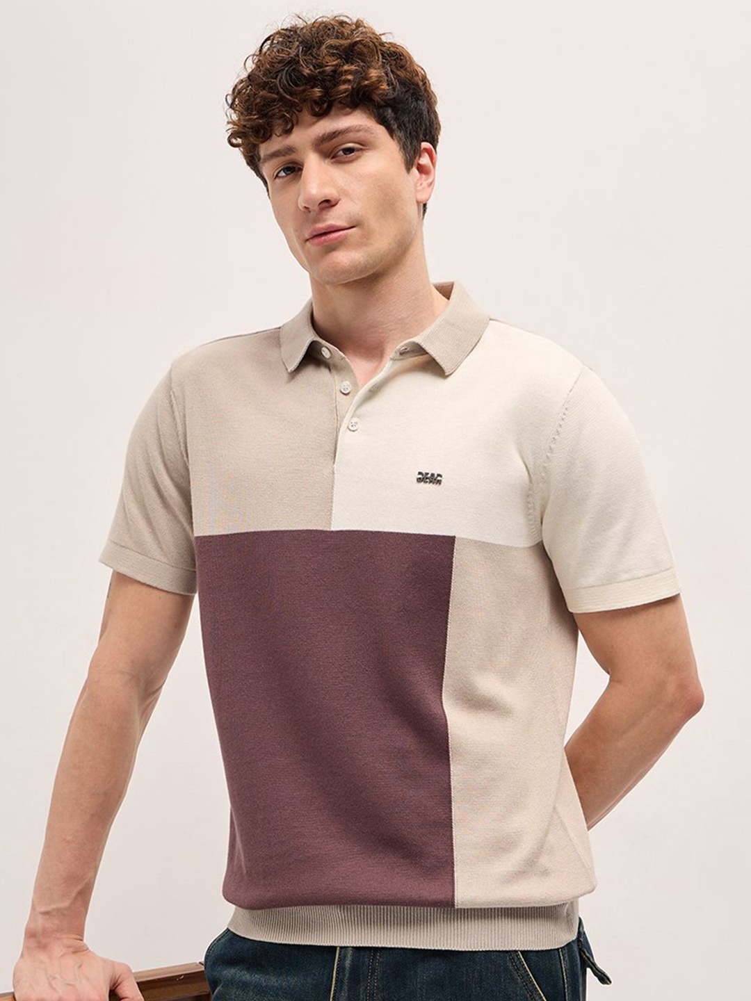 

THE BEAR HOUSE Men Colourblocked Polo Collar Cotton Slim Fit T-shirt, Beige