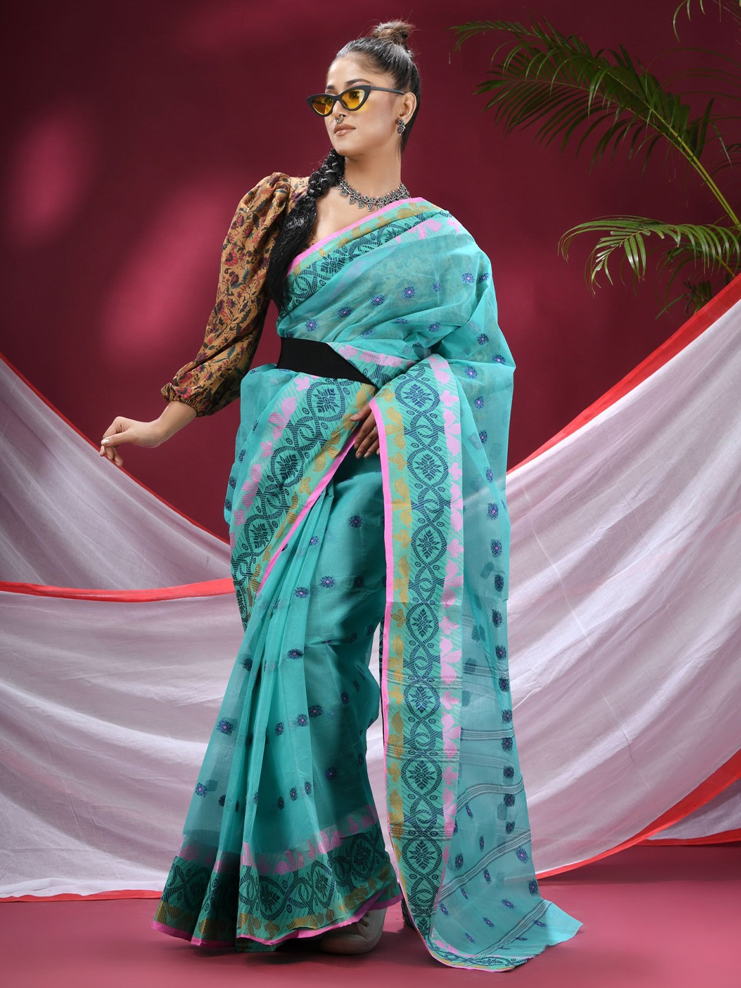

TANTLOOM Ethnic Motifs Pure Cotton Handloom Taant Saree, Blue