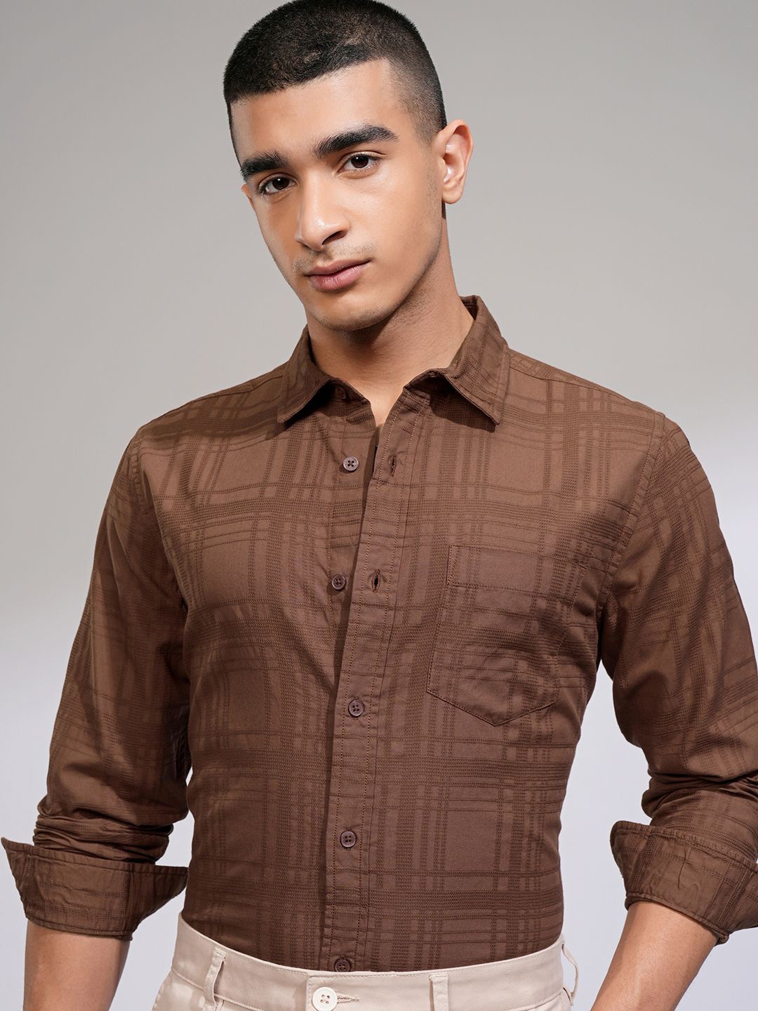 

HIGHLANDER Men Slim Fit Spread Collar Checked Cotton Casual Shirt, Brown