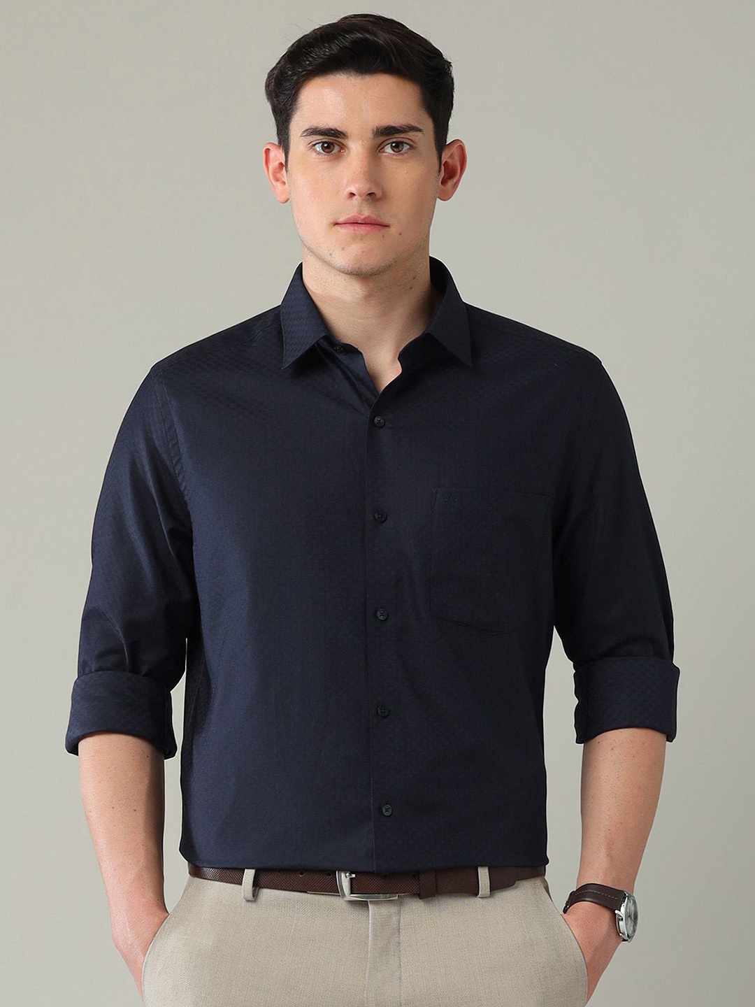 

Arrow Men Classic Slim Fit Spread Collar Textured Cotton Formal Shirt, Navy blue