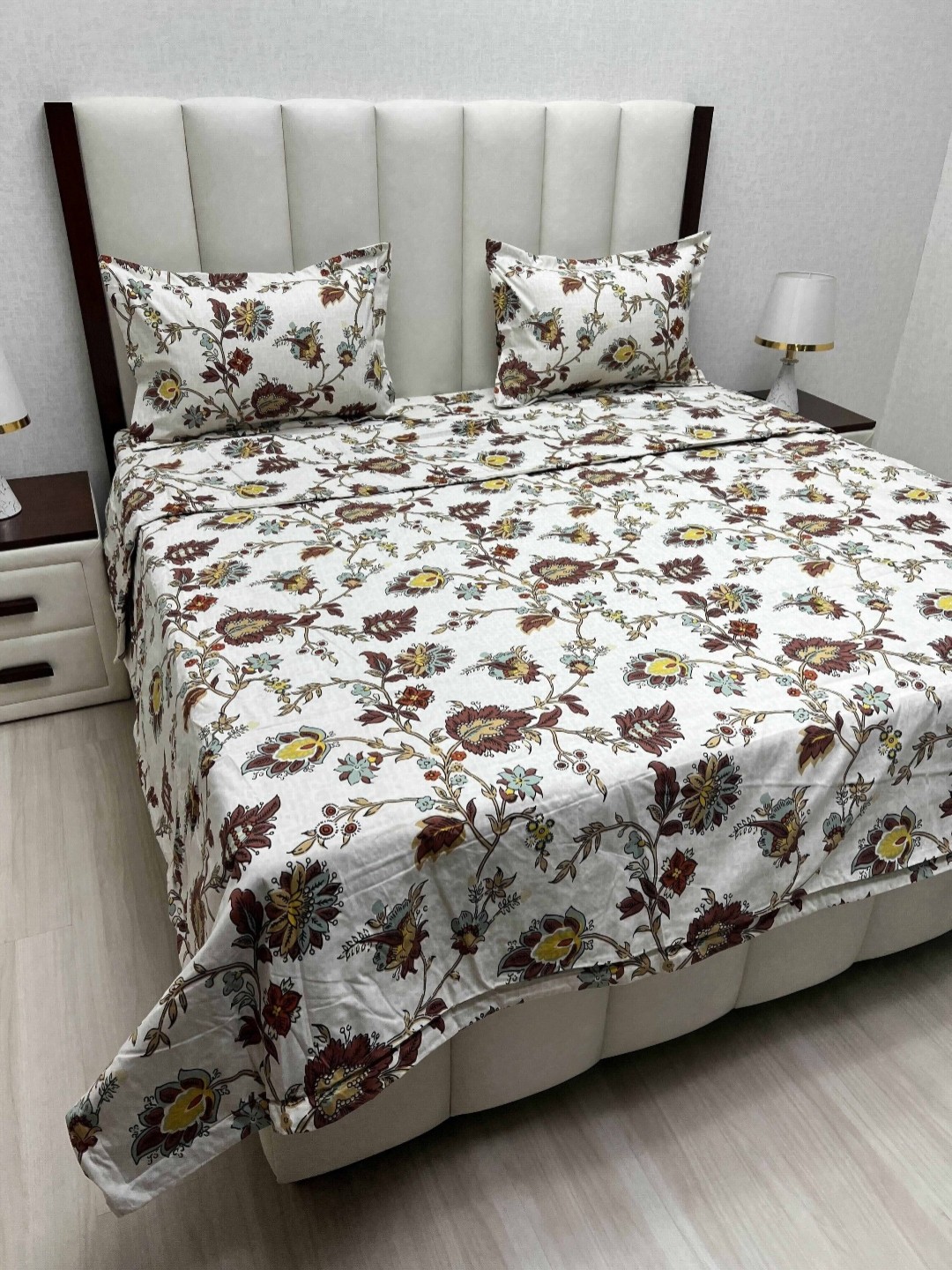 

Pure Decor White & Brown Floral Printed Fine Double King Size Bedding Set