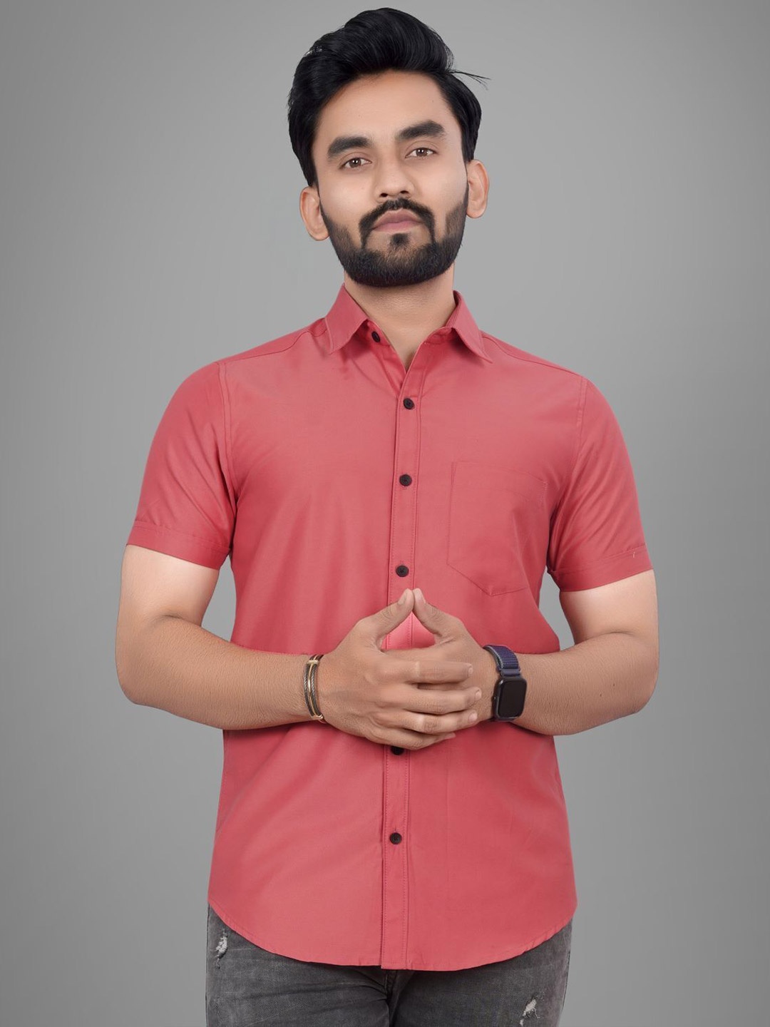 

Metronaut Men Regular Fit Spread Collar Solid Cotton Casual Shirt, Peach