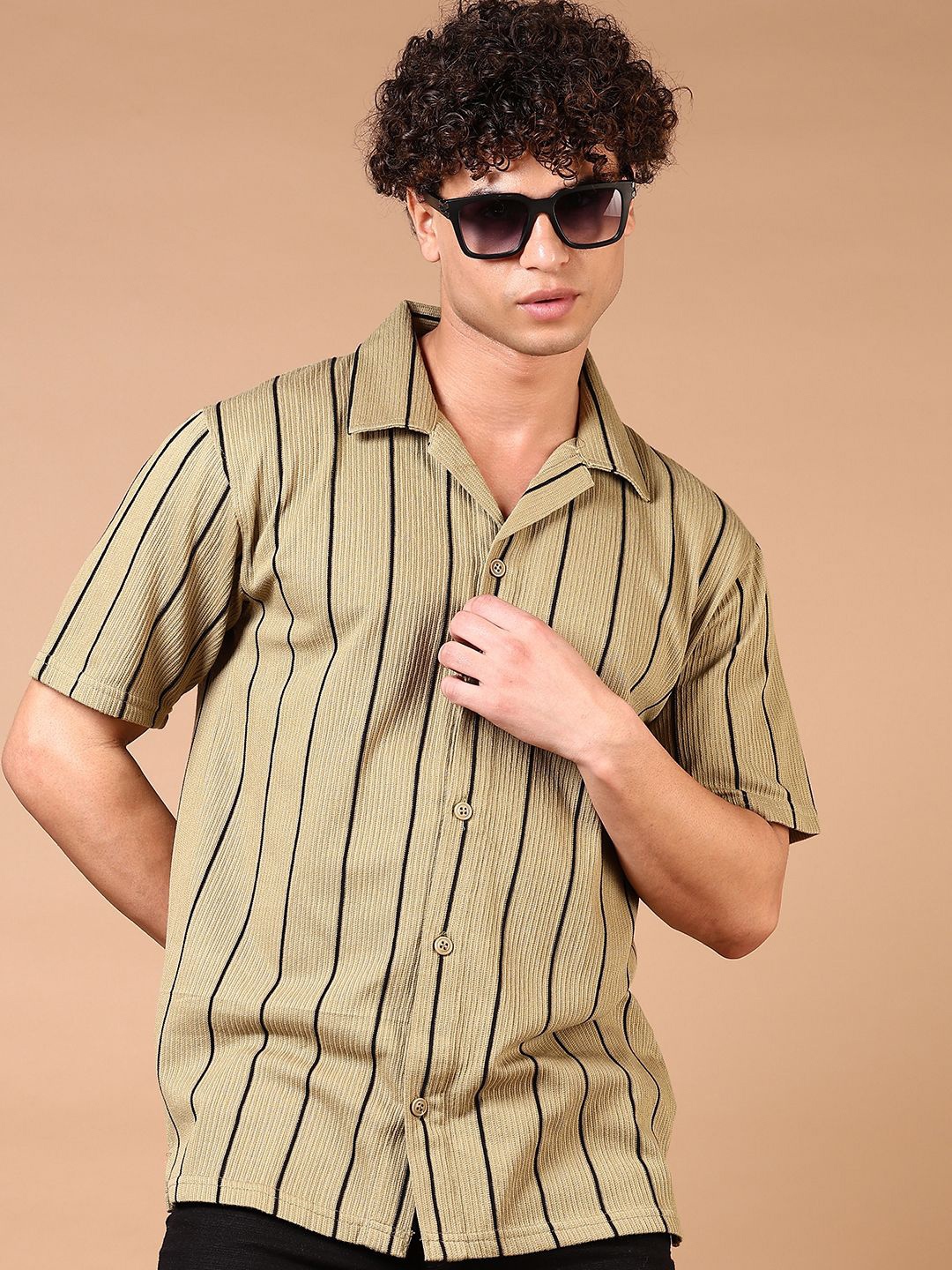 

V-Mart Men Cuban Collar Vertical Striped Cotton Casual Shirt, Olive