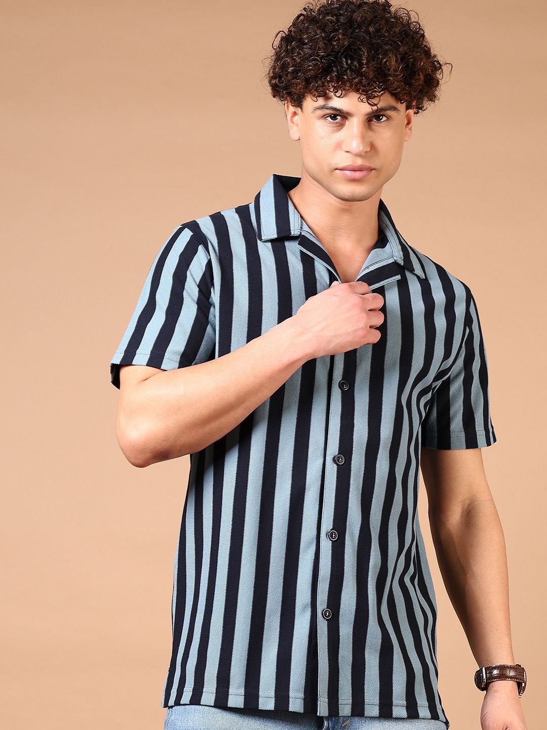 

V-Mart Men Cuban Collar Vertical Striped Cotton Casual Shirt, Navy blue