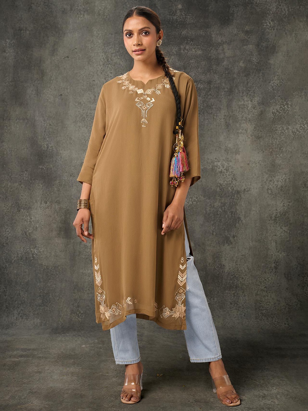 

Phulkari Forever Floral Embroidered Notch-Neck Phulkari Georgette Straight Kurta, Khaki