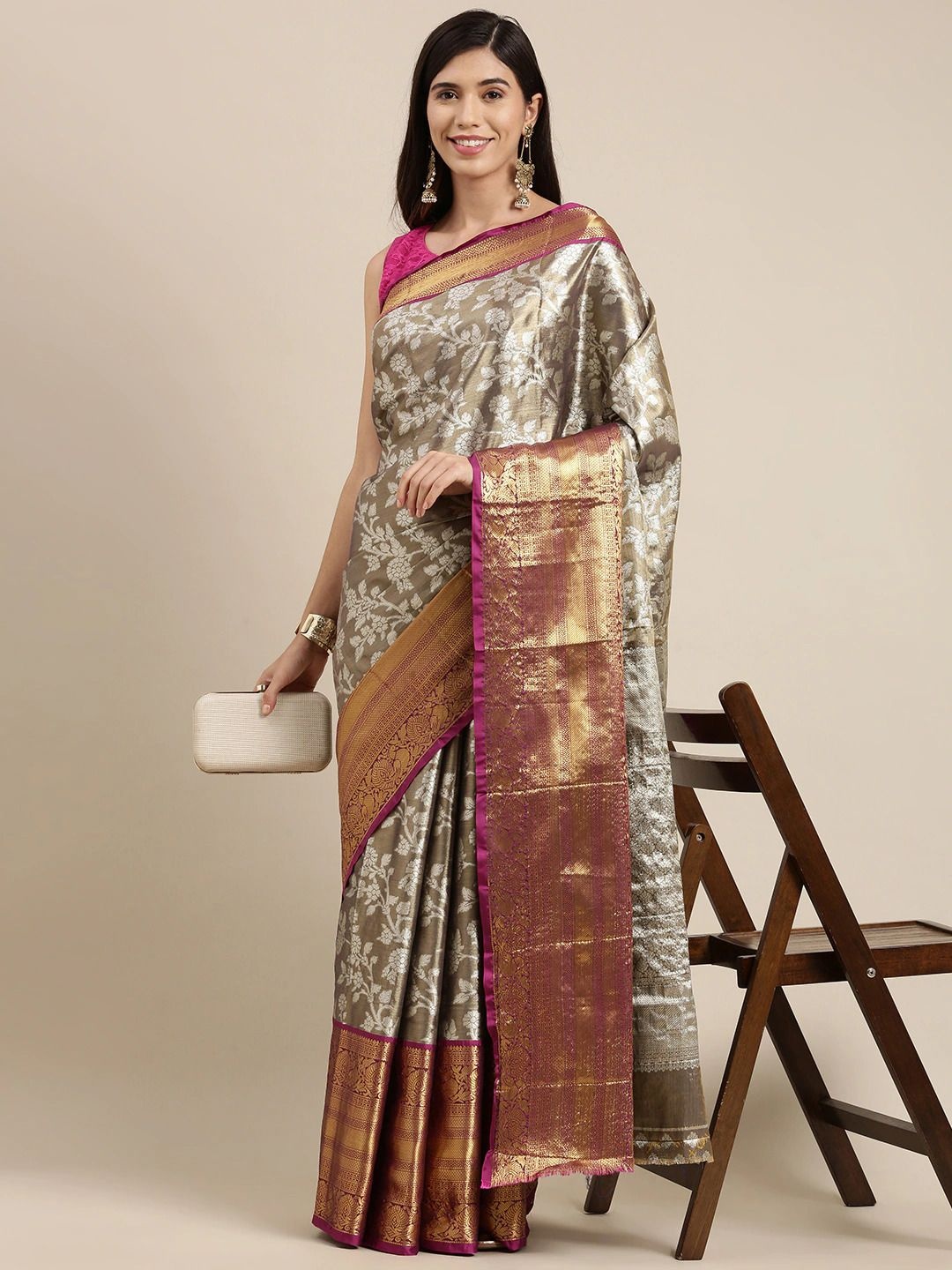 

DIVASTRI Woven Design Zari Tissue Banarasi Saree, Grey