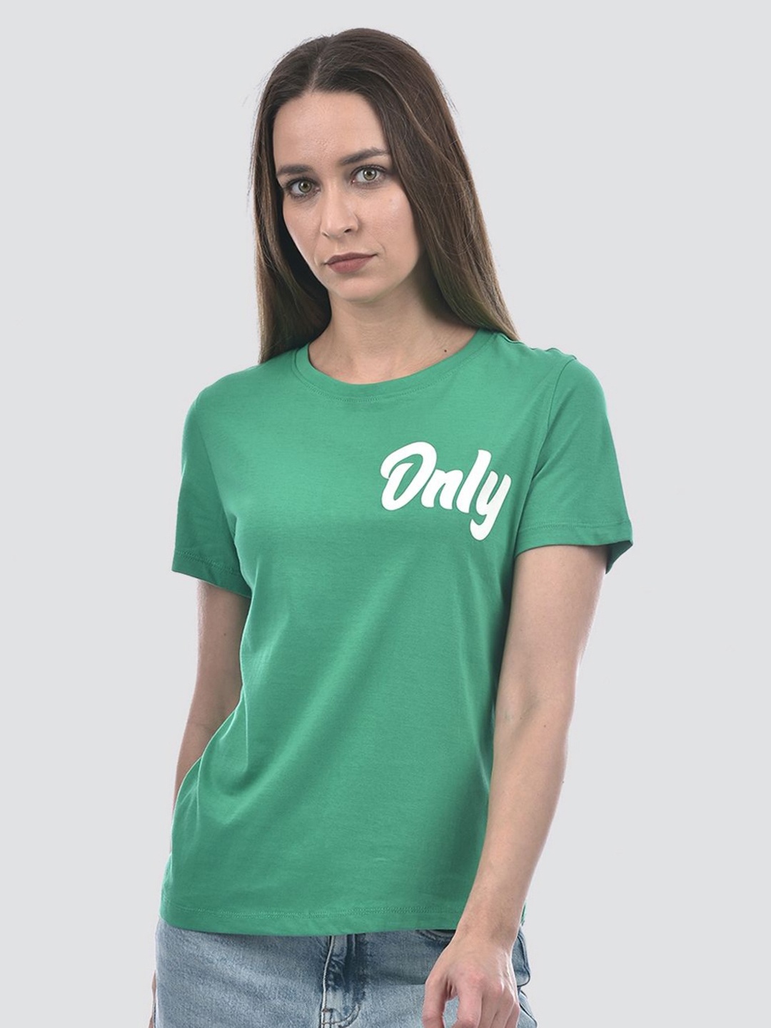 

ONLY Women Typography Printed Round Neck Cotton T-shirt, Green