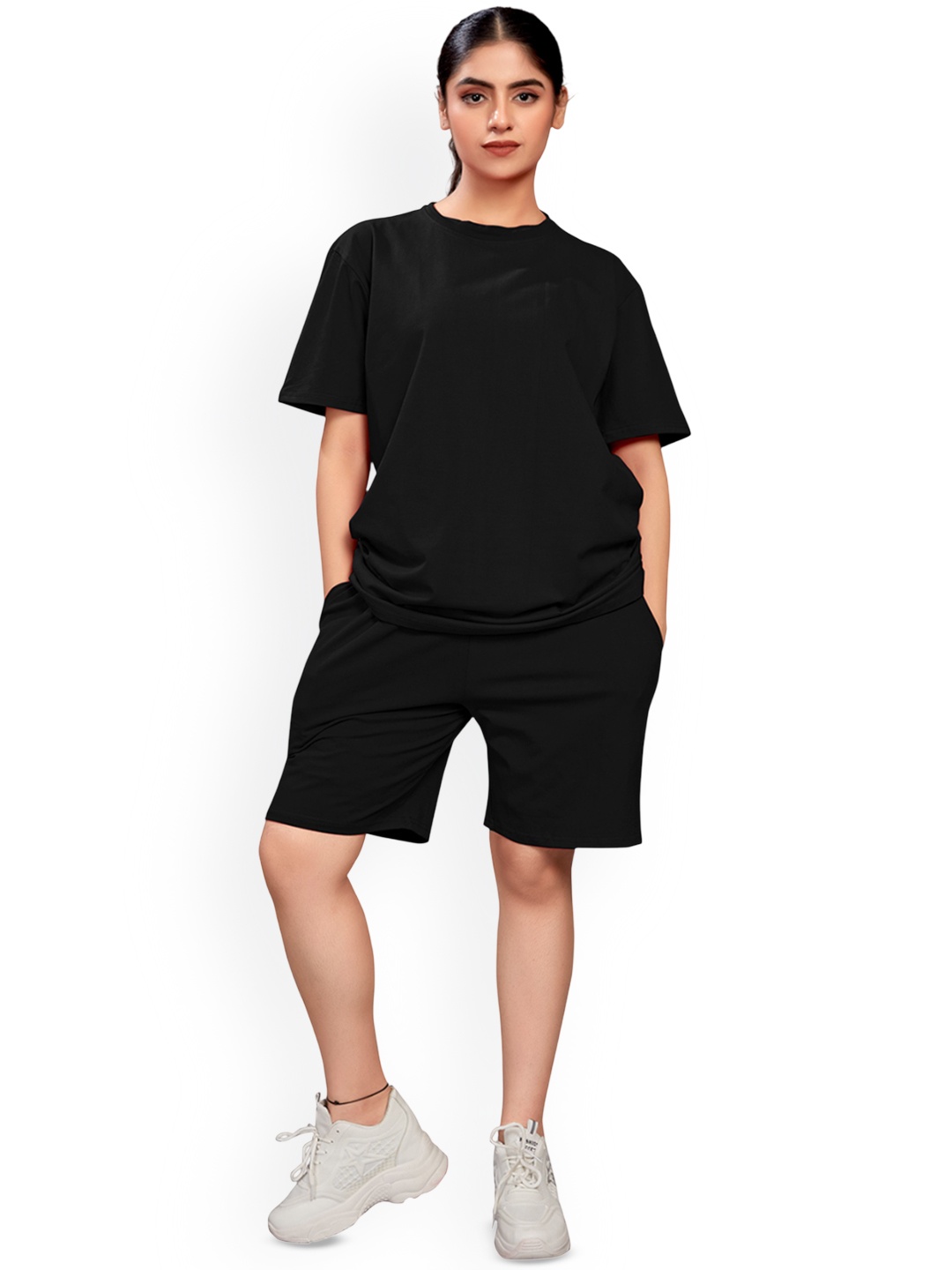

ELLITI Round Neck Pure Cotton T-shirt With Shorts, Black