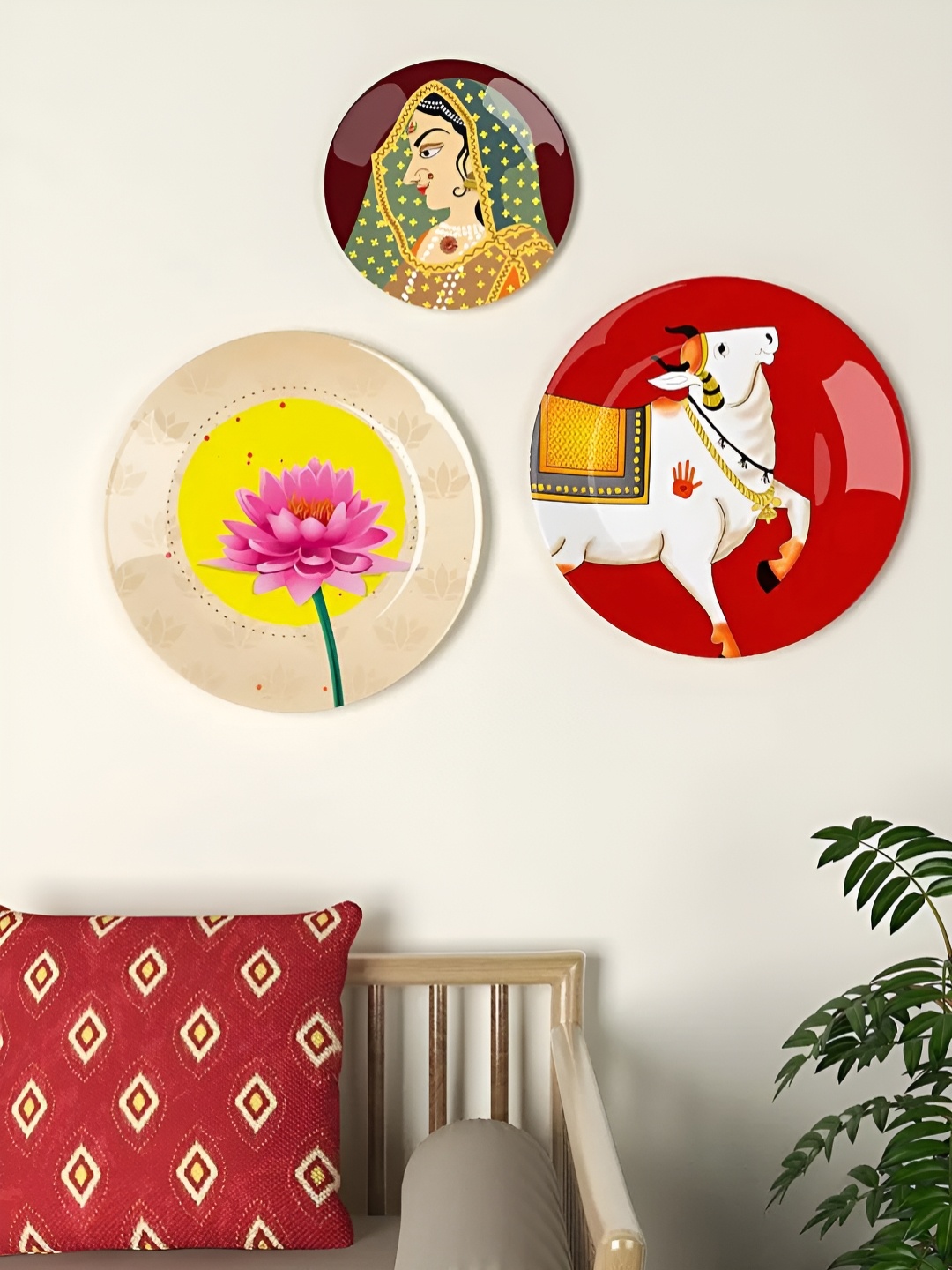 

Homscape Assorted 3 Pieces Pichwai Art Ceramic Wall Plates