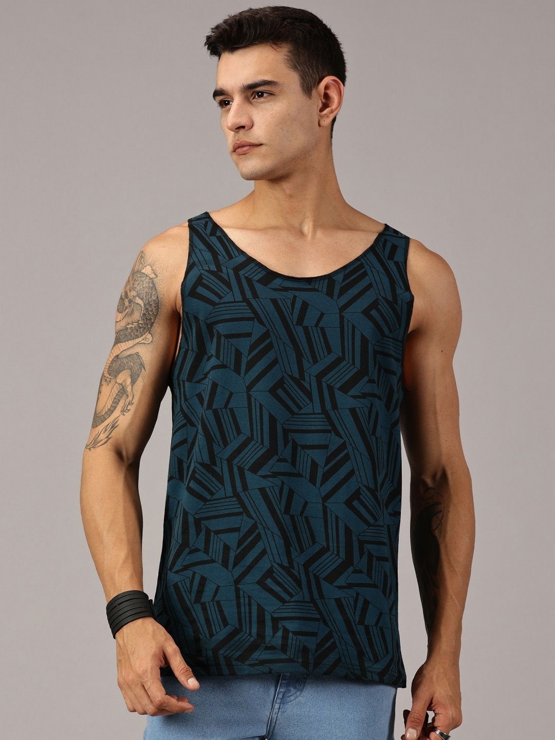 

Rodzen Men Abstract Printed Round Neck Cotton T-shirt, Teal