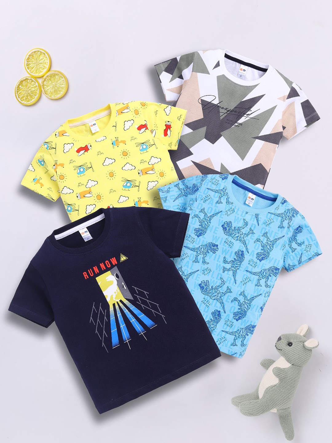 

LITTLE NINJA Boys Pack Of 4 Graphic Printed Round Neck Cotton T-shirts, Navy blue