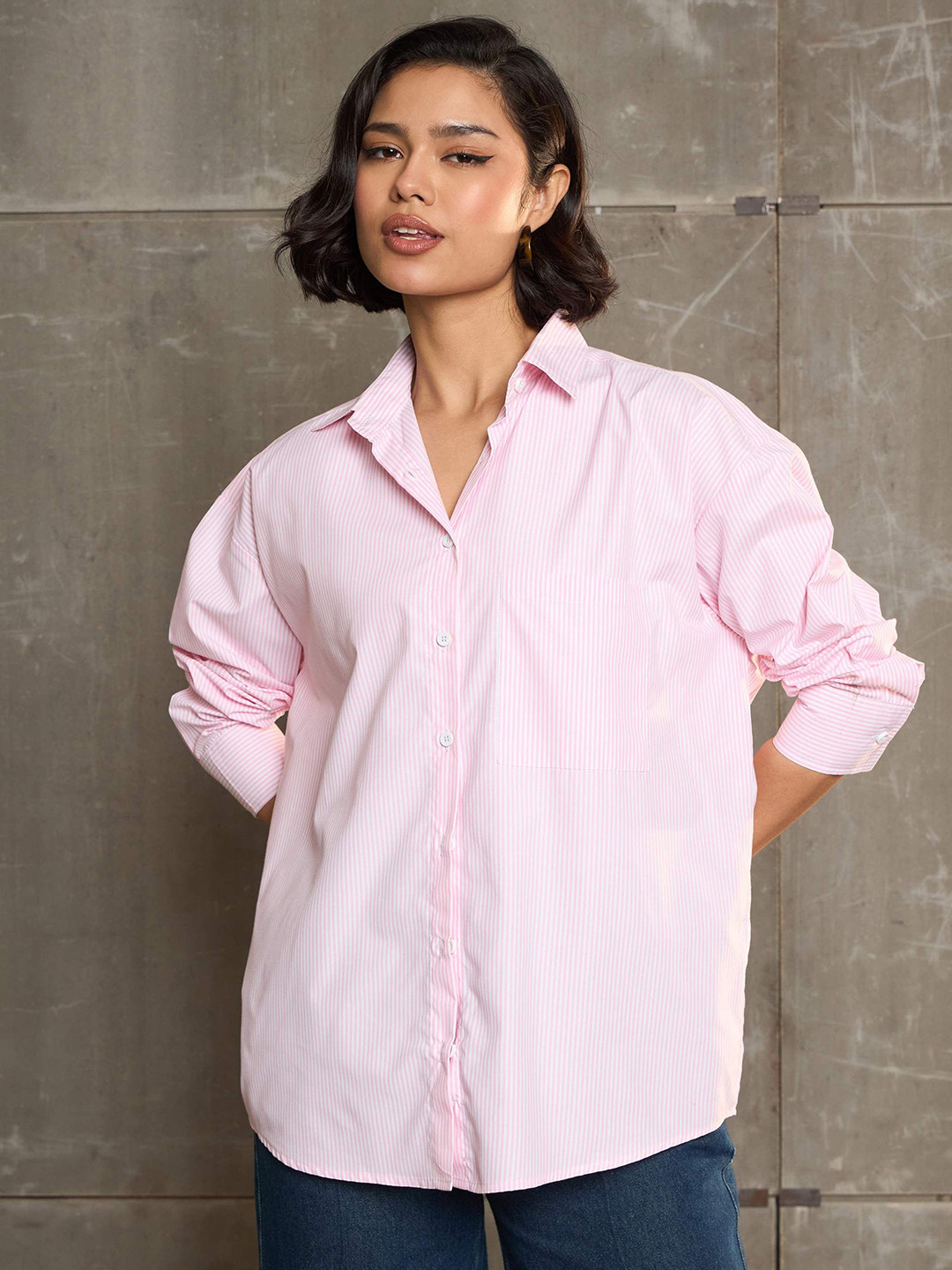

SASSAFRAS Women Relaxed Fit Spread Collar Vertical Striped Casual Shirt, Pink