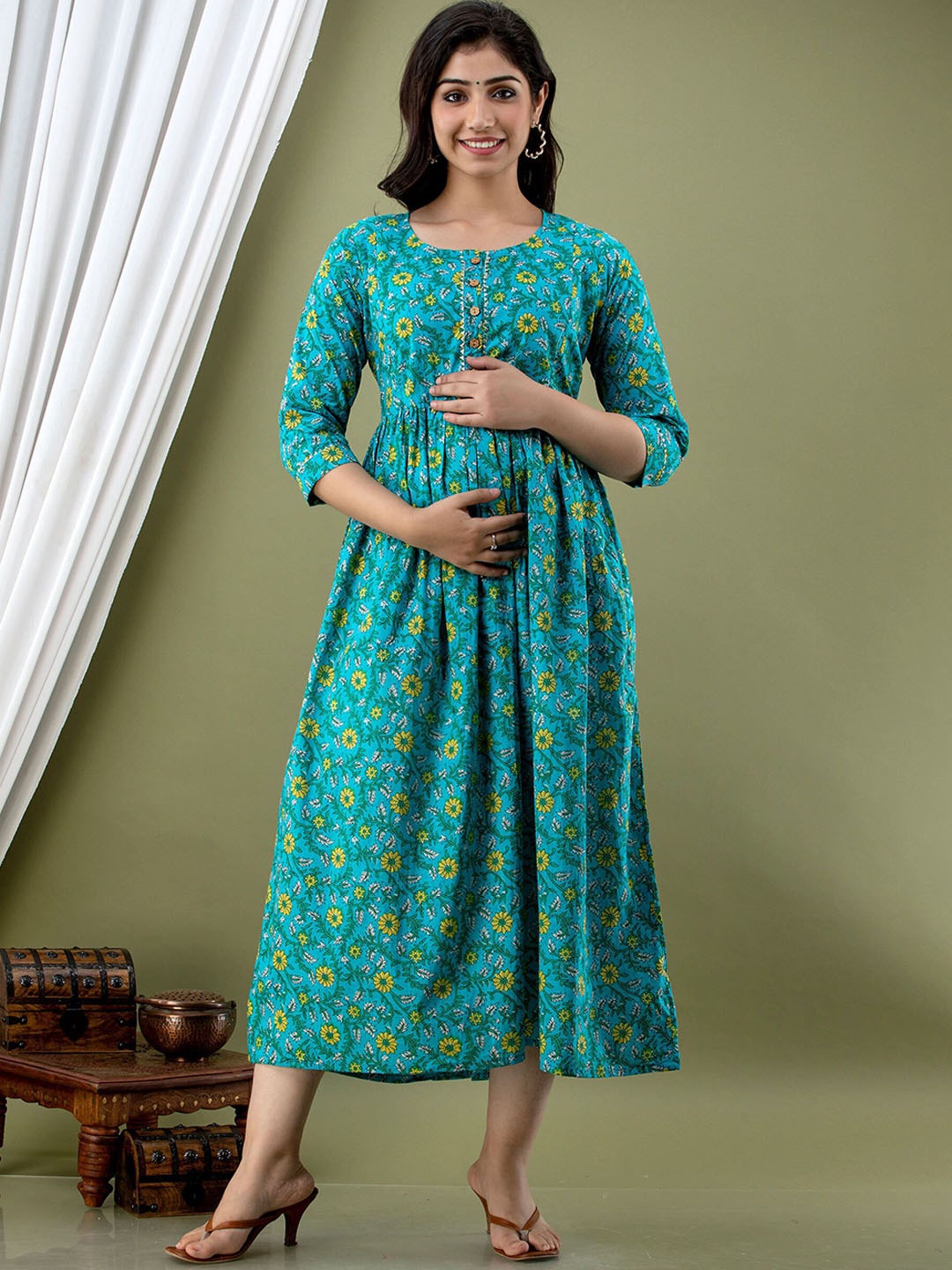 

SILAKIVA Floral Printed Gathered Fit and Flare Maternity Dress, Blue