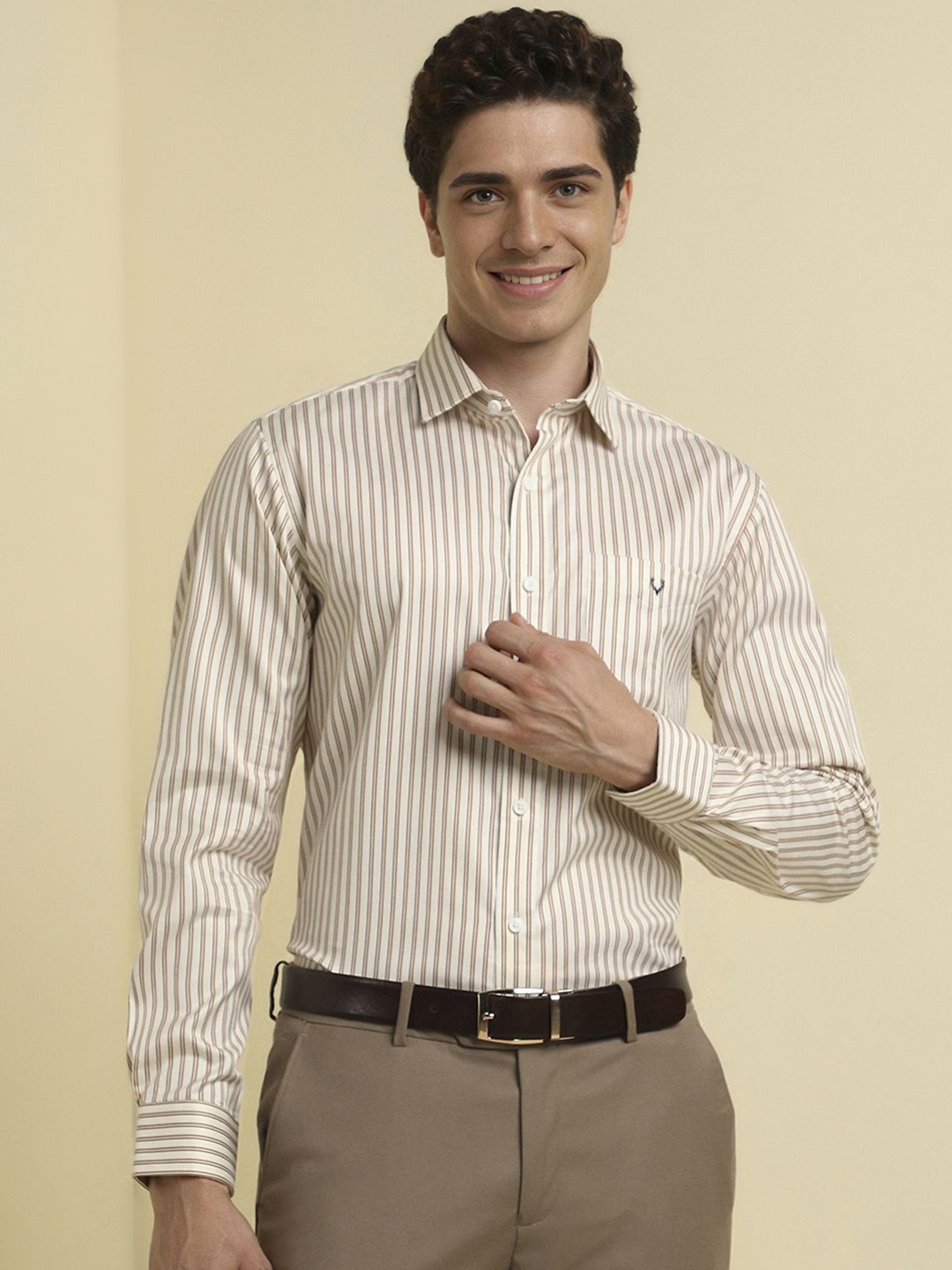 

Allen Solly Men Slim Fit Spread Collar Vertical Striped Cotton Formal Shirt, Beige