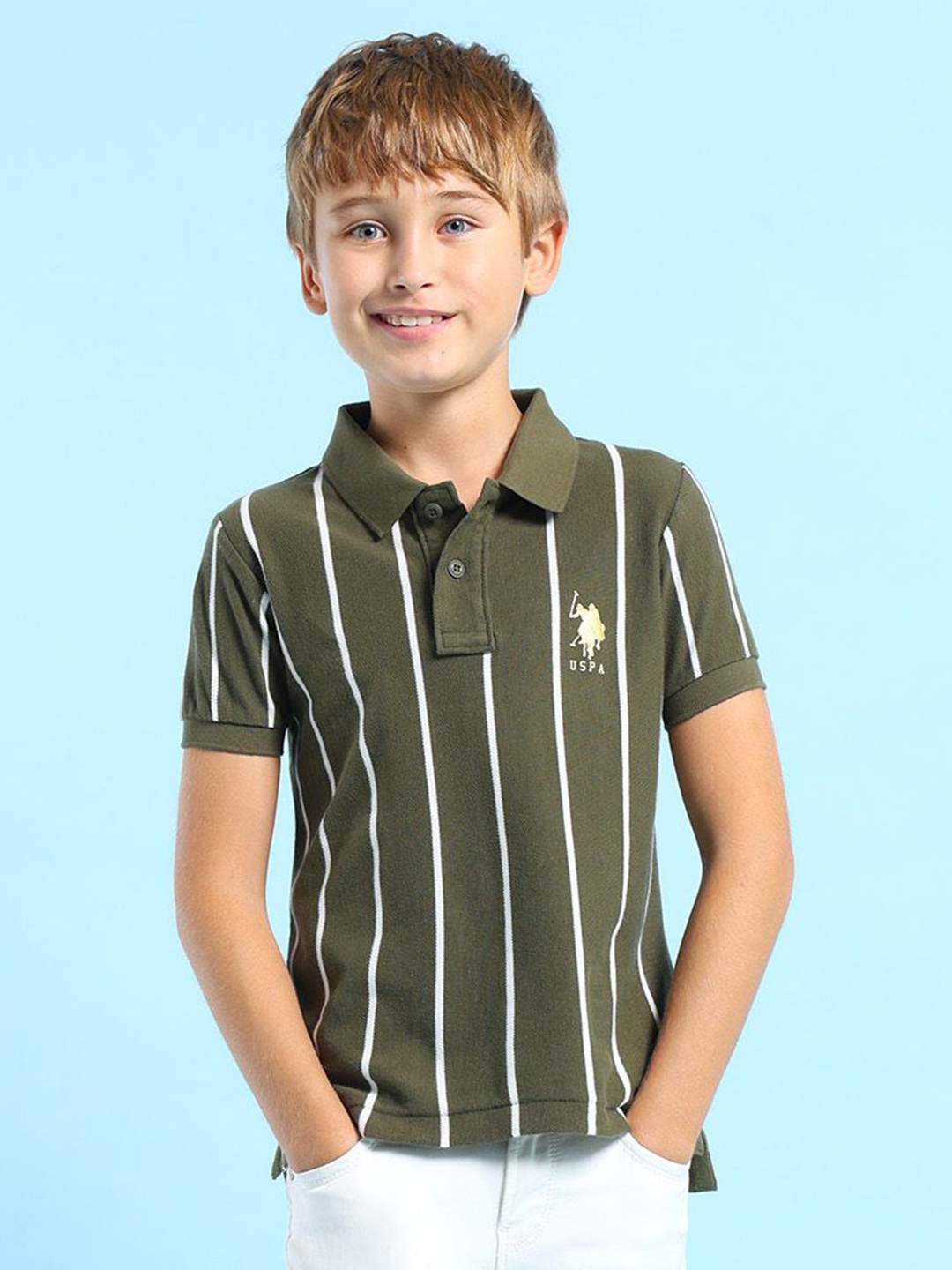 

U.S. Polo Assn. Kids Boys Striped Polo Collar Cotton T-shirt, Olive