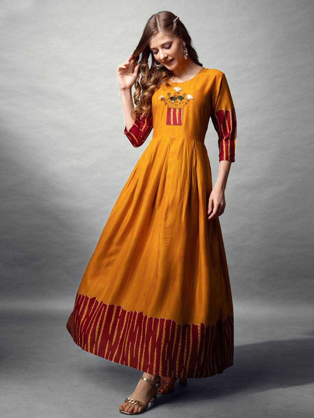 

devkison Designer Floral Embroidered Yoke Design Maxi Gown Ethnic Dress, Mustard