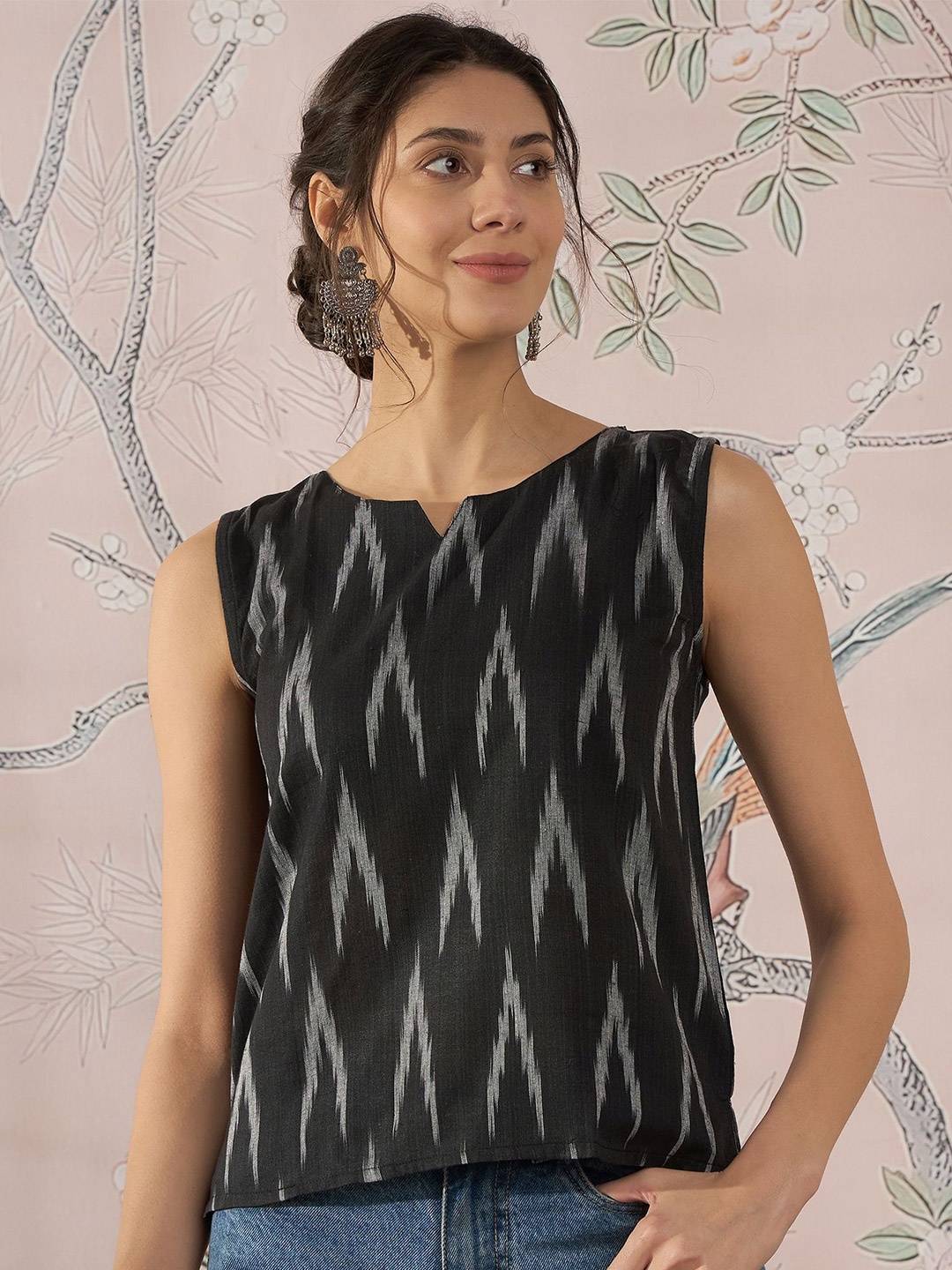 

InWeave Women Printed Cotton Top, Black