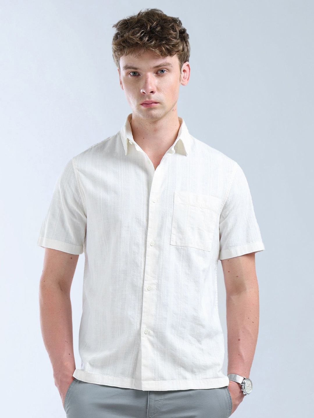 

Flying Machine Men Classic Fit Spread Collar Solid Cotton Casual Shirt, White