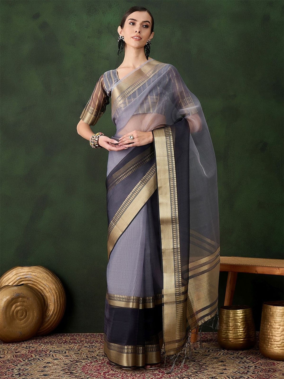 

ODETTE Grey Organza Woven Saree With Unstitched Blouse