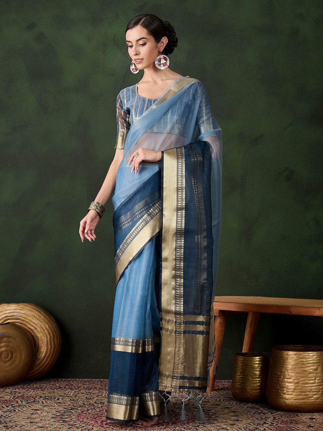 

MANVAA Woven Design Zari Organza Designer Saree, Blue