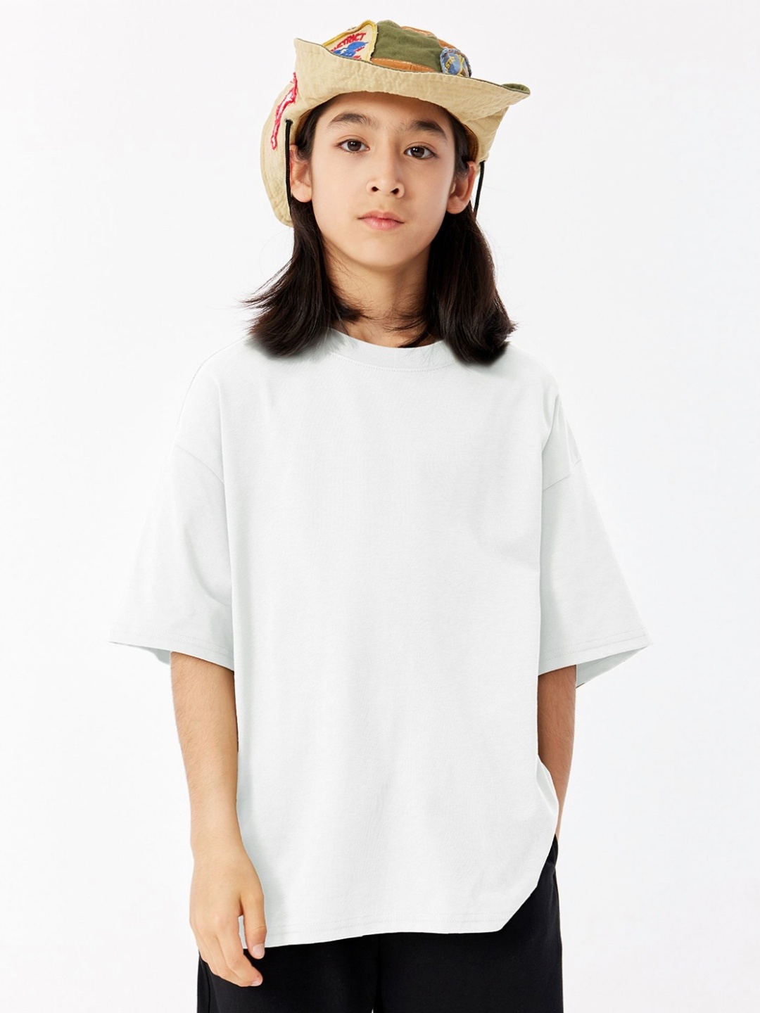 

LULU & SKY Girls Solid Round Neck Cotton Oversized T-shirt, White