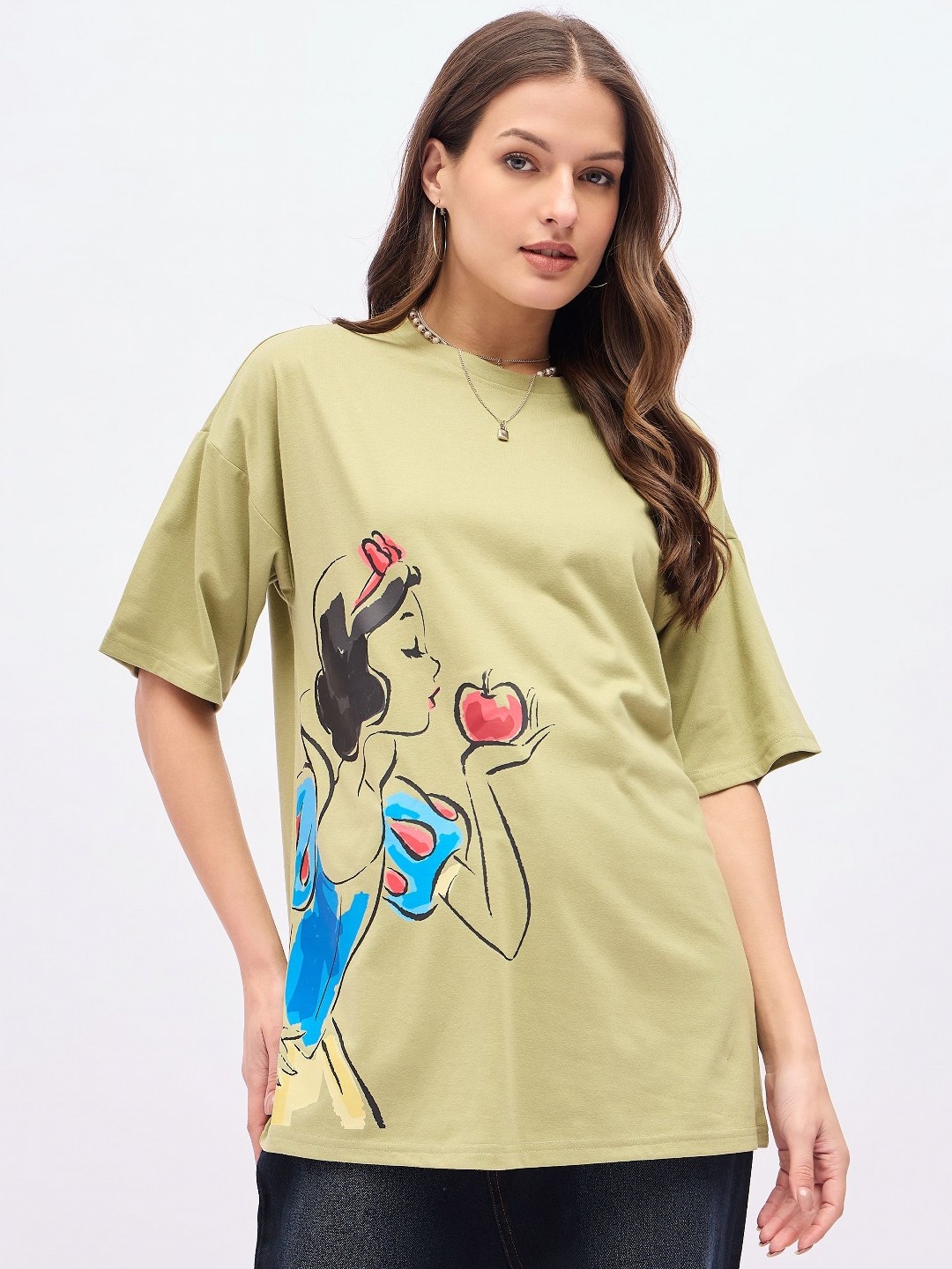 

DressBerry Women Graphic Printed Round Neck Cotton Oversized T-shirt, Olive
