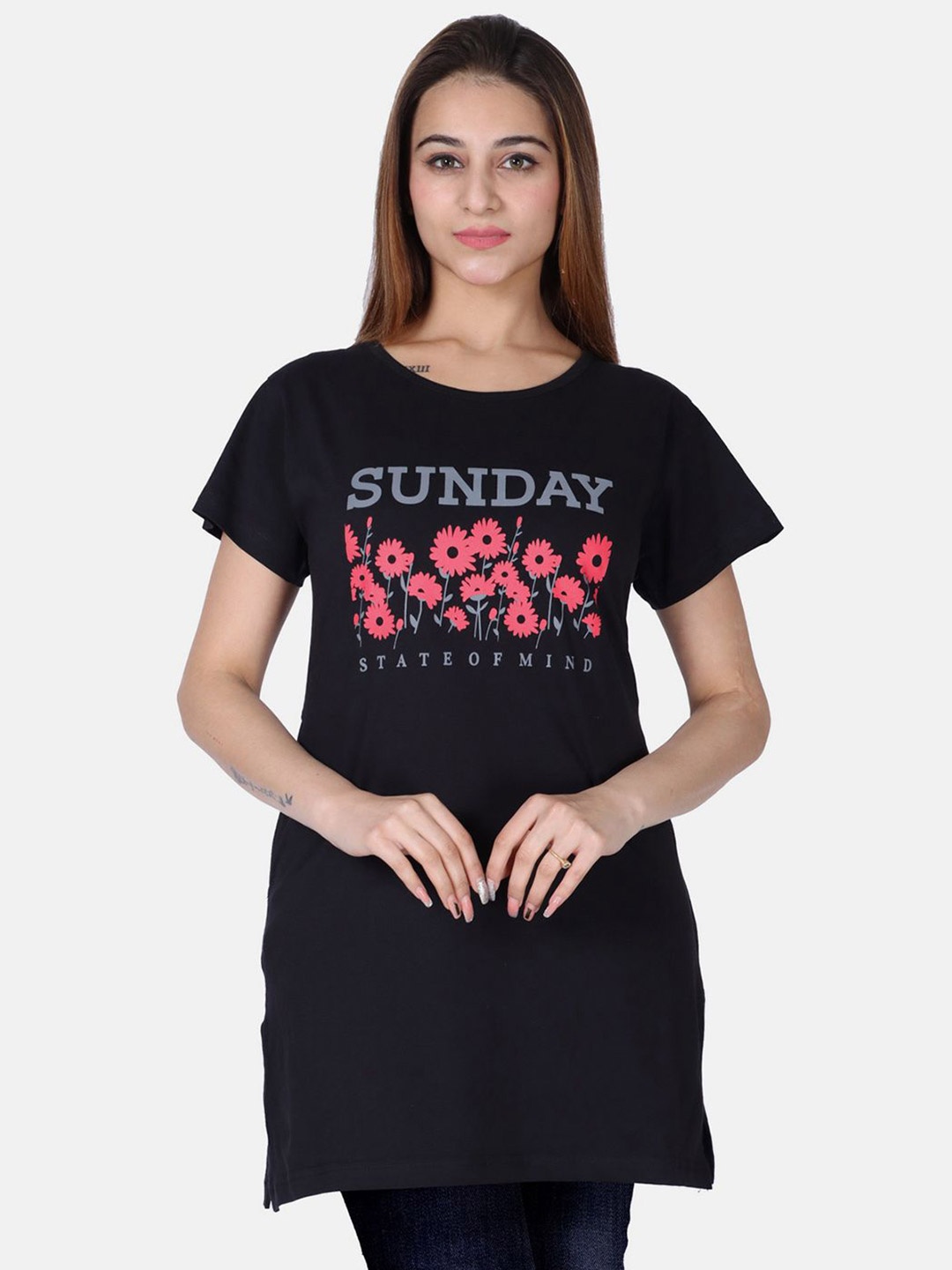 

Divine Girl Women Typography Print Cotton Round Neck Longline Top, Black