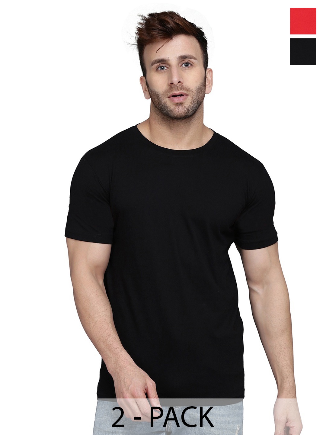 

WOOSTRO Men Pack Of 2 Solid Round Neck Cotton Slim Fit T-shirts, Black
