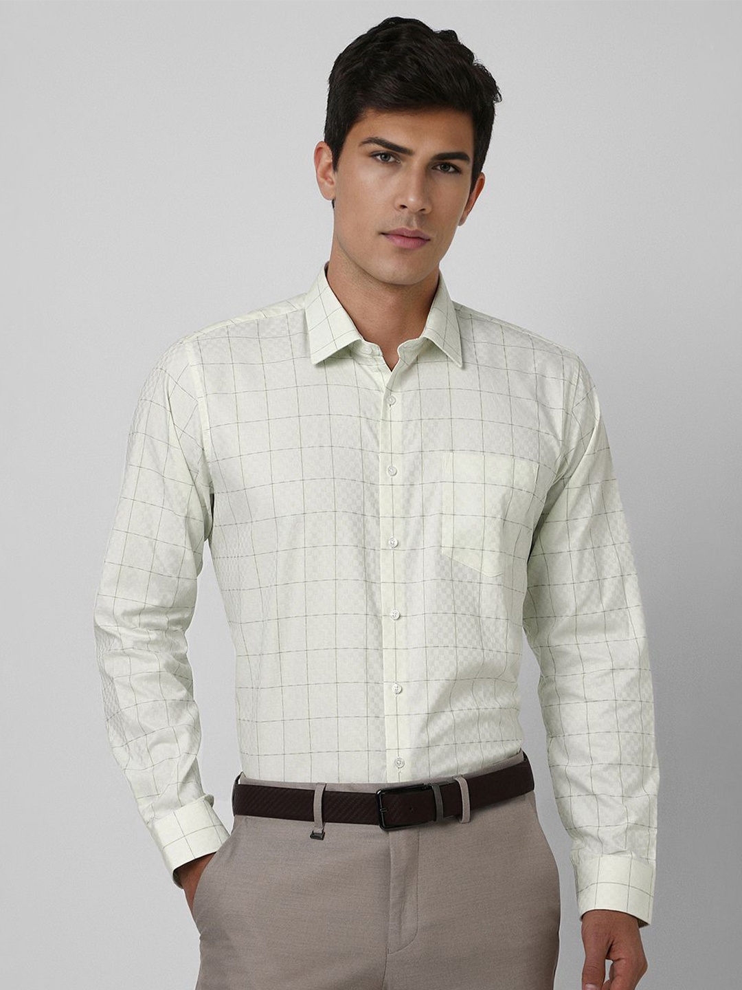 

Van Heusen Men Slim Fit Spread Collar Windowpane Checked Cotton Casual Shirt, Beige