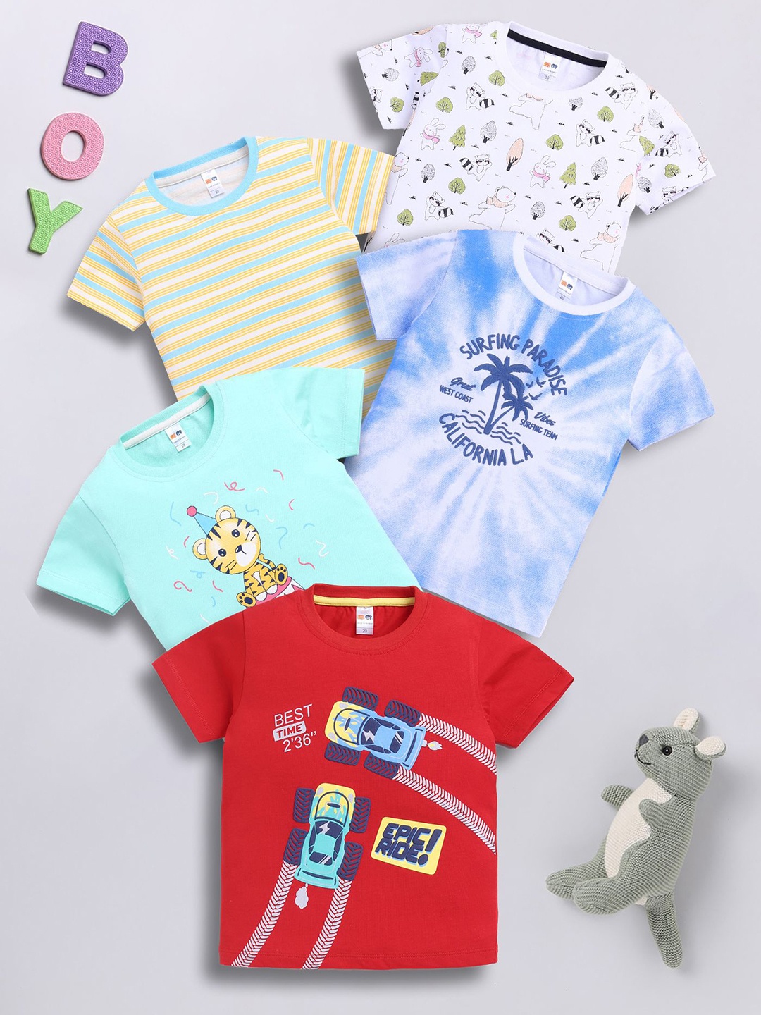 

LITTLE NINJA Boys Pack Of 5 Graphic Printed Round Neck Cotton T-shirts, Red