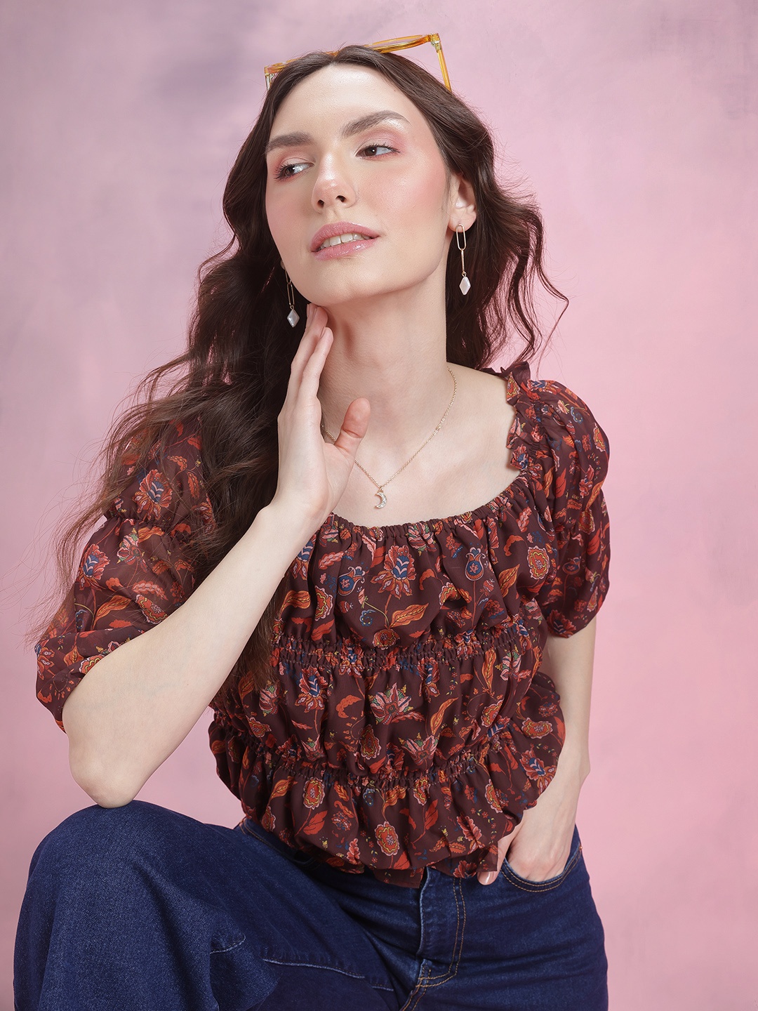 

DressBerry Floral Print Smocked Puff Sleeve Top, Brown