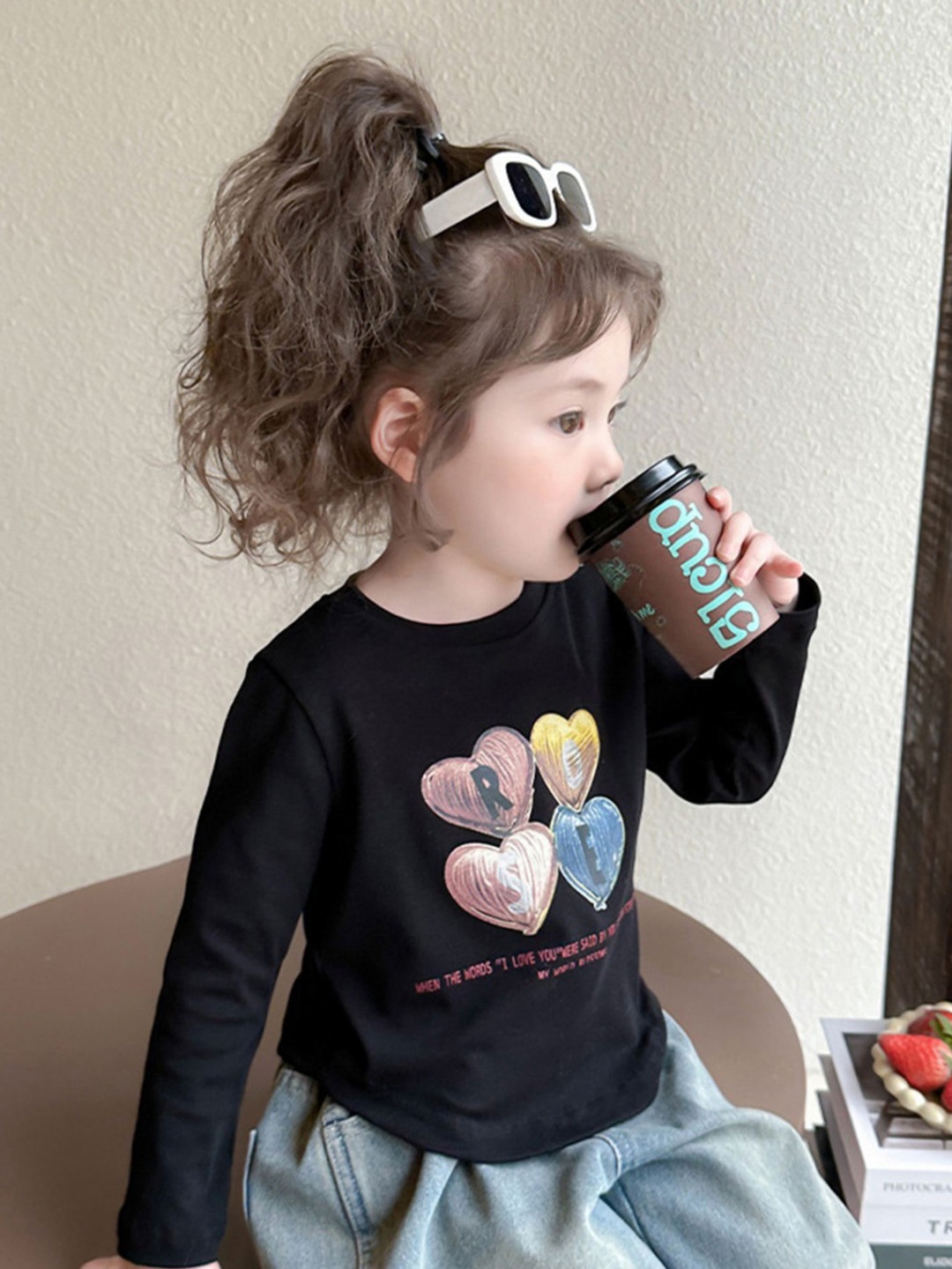 

LULU & SKY Girls Graphic Printed Round Neck Cotton T-shirt, Black