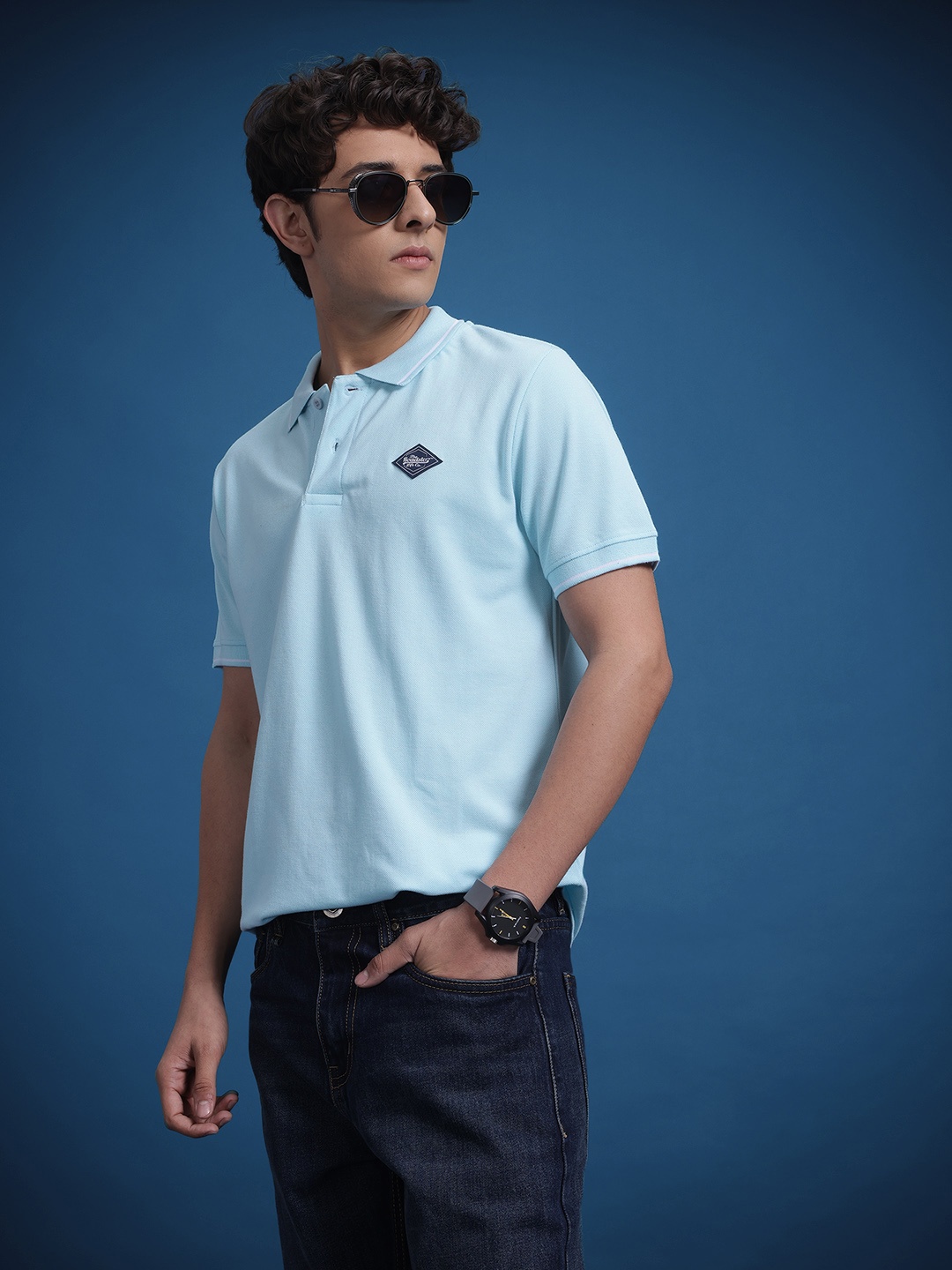 

The Roadster Lifestyle Co. Men Polo Collar Applique T-shirt, Blue