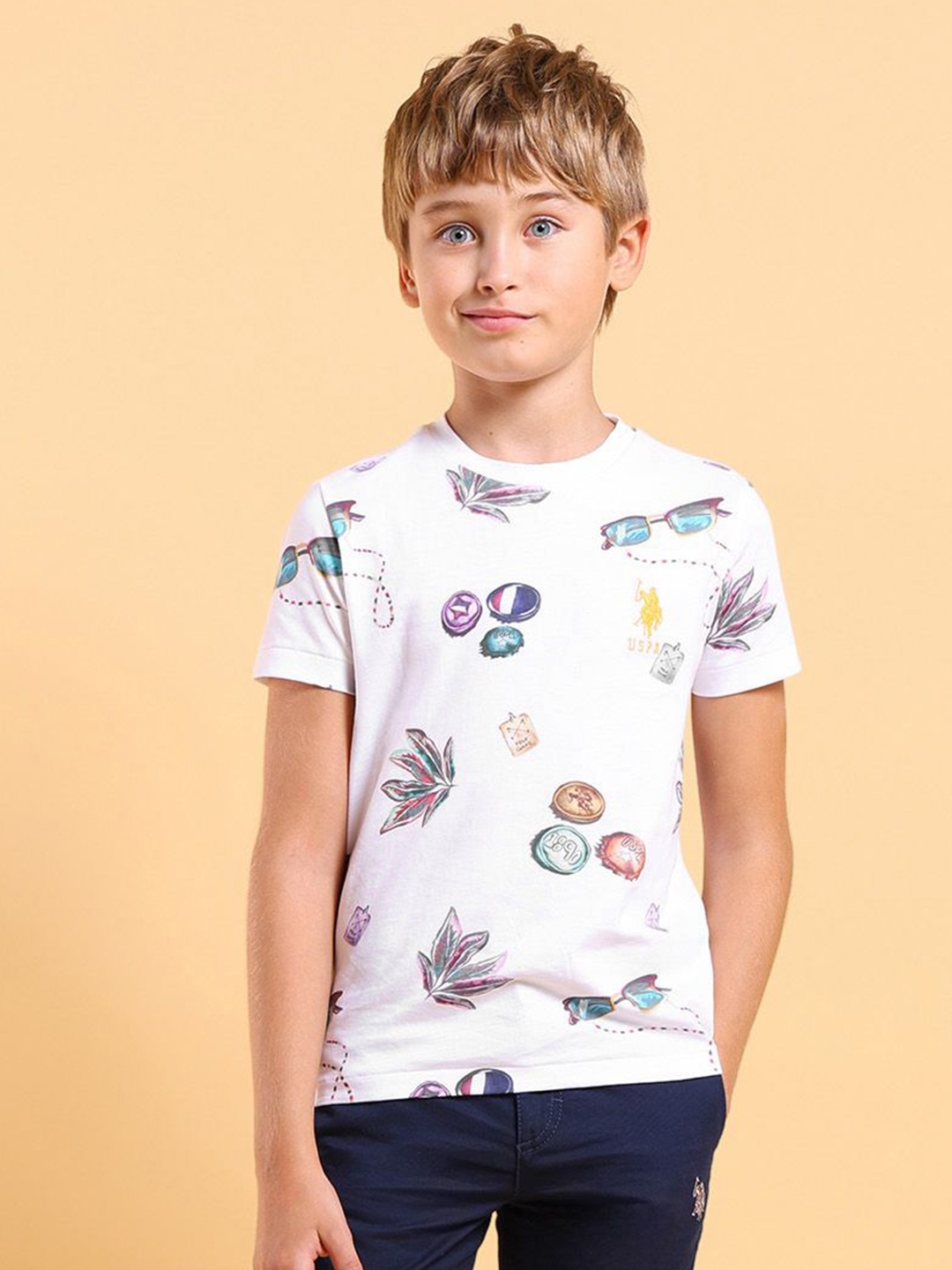 

U.S. Polo Assn. Kids Boys Conversational Printed Round Neck Cotton T-shirt, White