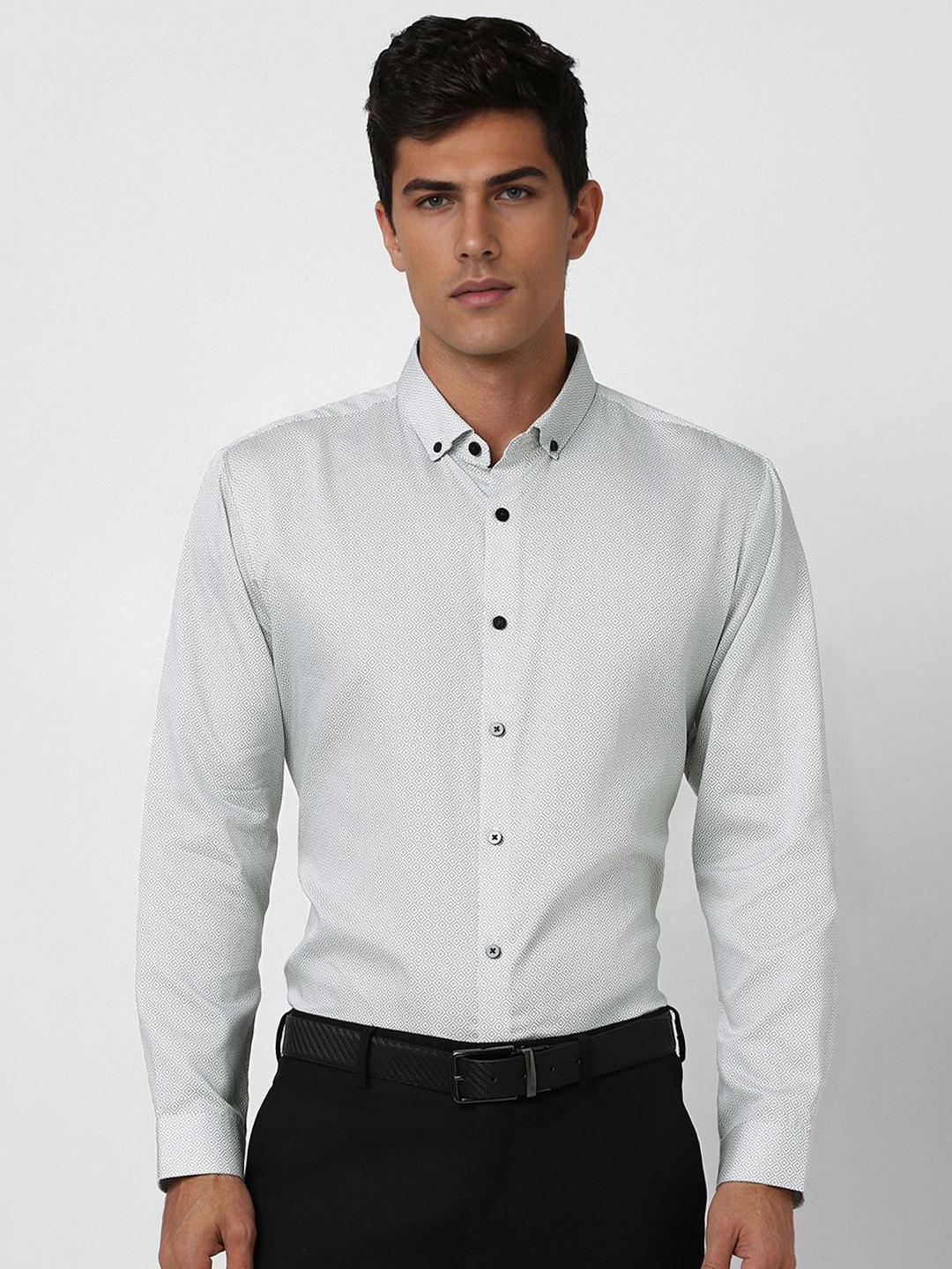 

V Dot Men Slim Fit Button-Down Collar Abstract Printed Cotton Casual Shirt, White