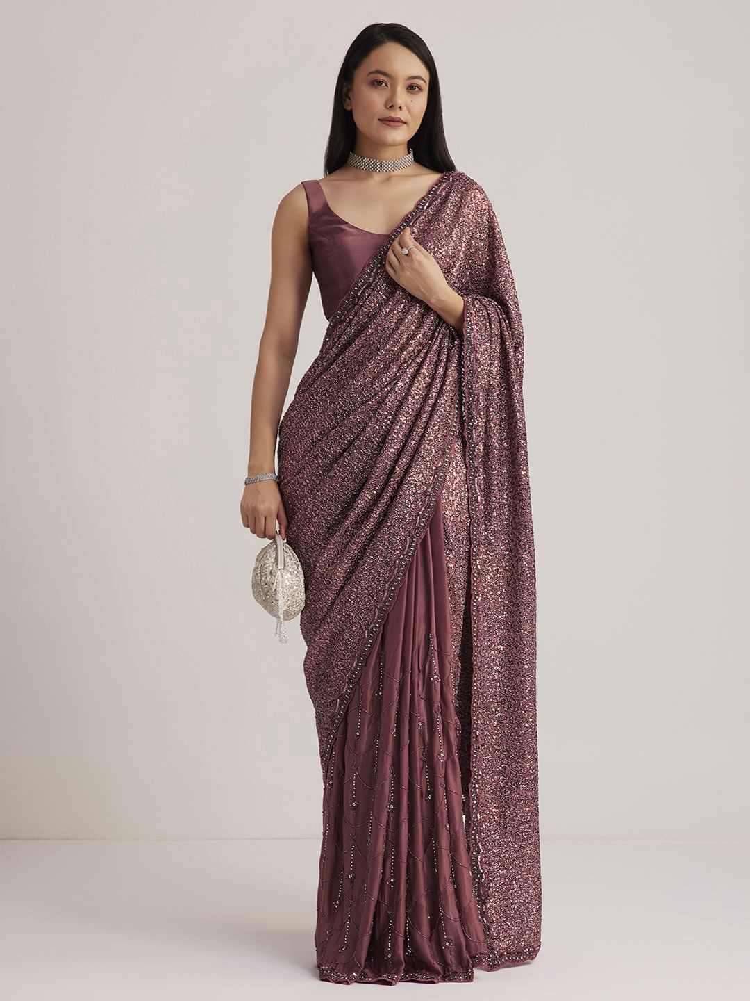 

KALKI Fashion Embellished Sequinned Net Half and Half Saree, Brown