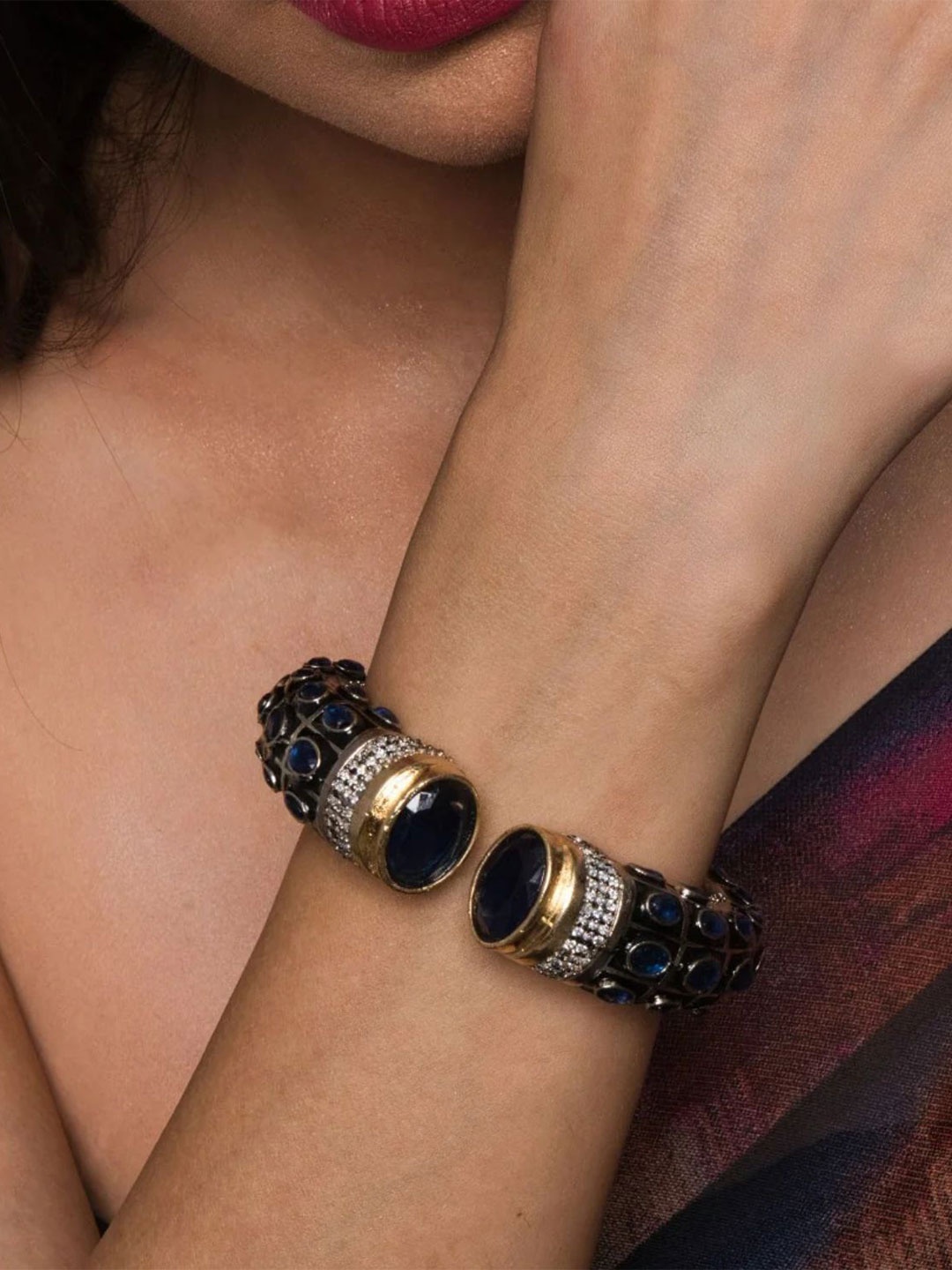 

QUEENS JEWELS Brass Artificial Stones Gold-Plated Kada Bracelet, Blue