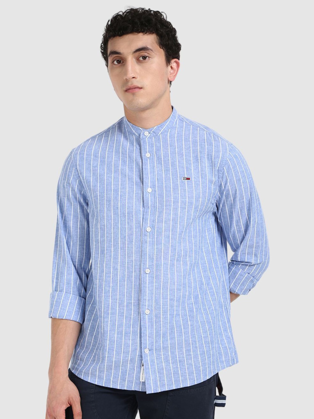

Tommy Hilfiger Men Band Collar Vertical Striped Cotton Casual Shirt, Blue