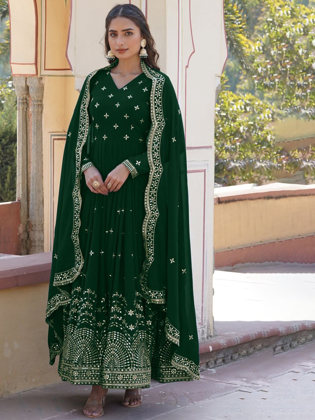 

KALINI Floral Embroidered V Neck Gotta Patti Work Georgette Anarkali Kurta With Dupatta, Green