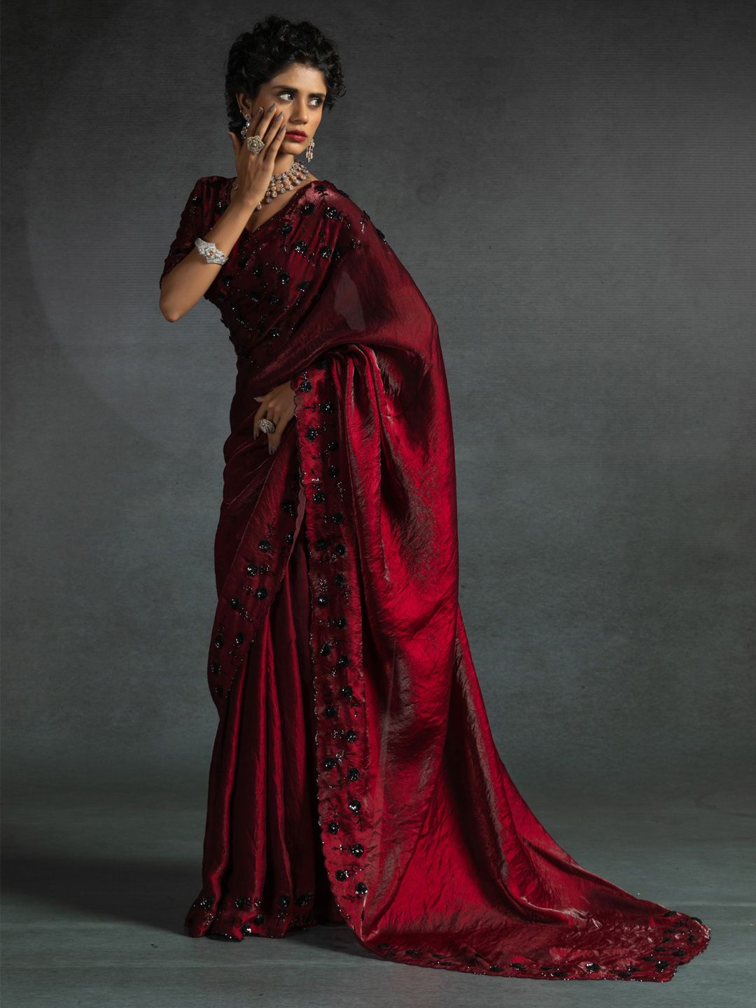 

Saree mall Embellished Sequinned Satin Designer Sarees, Maroon