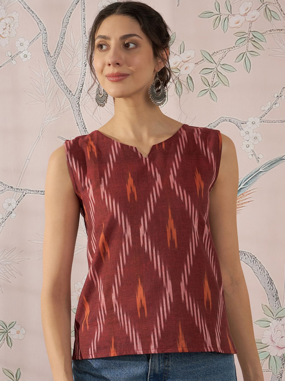 

InWeave Women Printed Round Neck Cotton Top, Rust