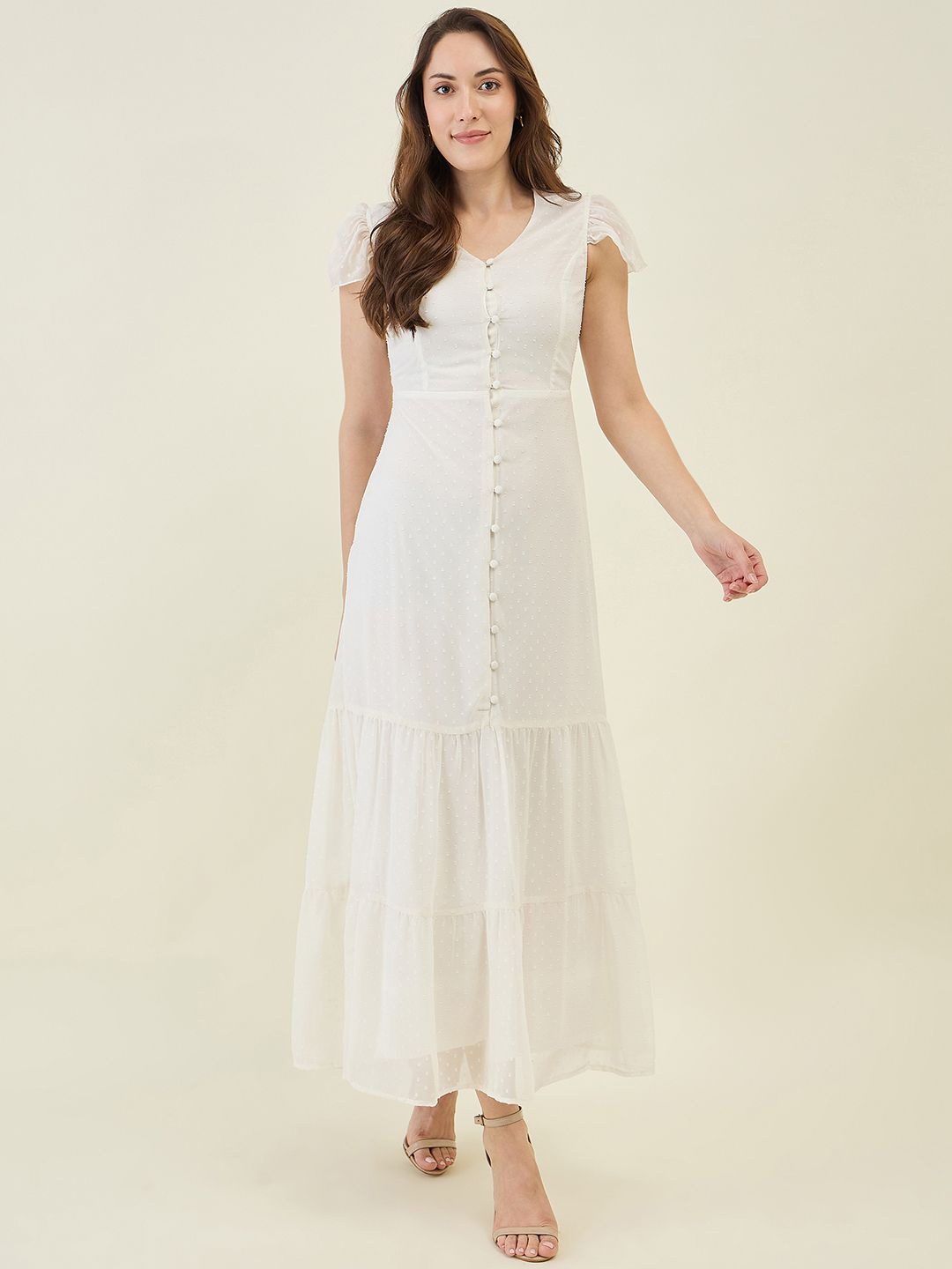 

aayu Georgette Self Design A-Line Maxi Tiered Dress, White