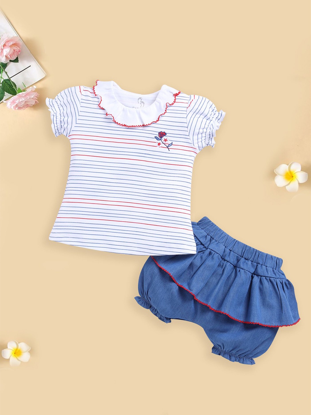 

BABY GO Girls Striped Round Neck Top With Shorts, Navy blue